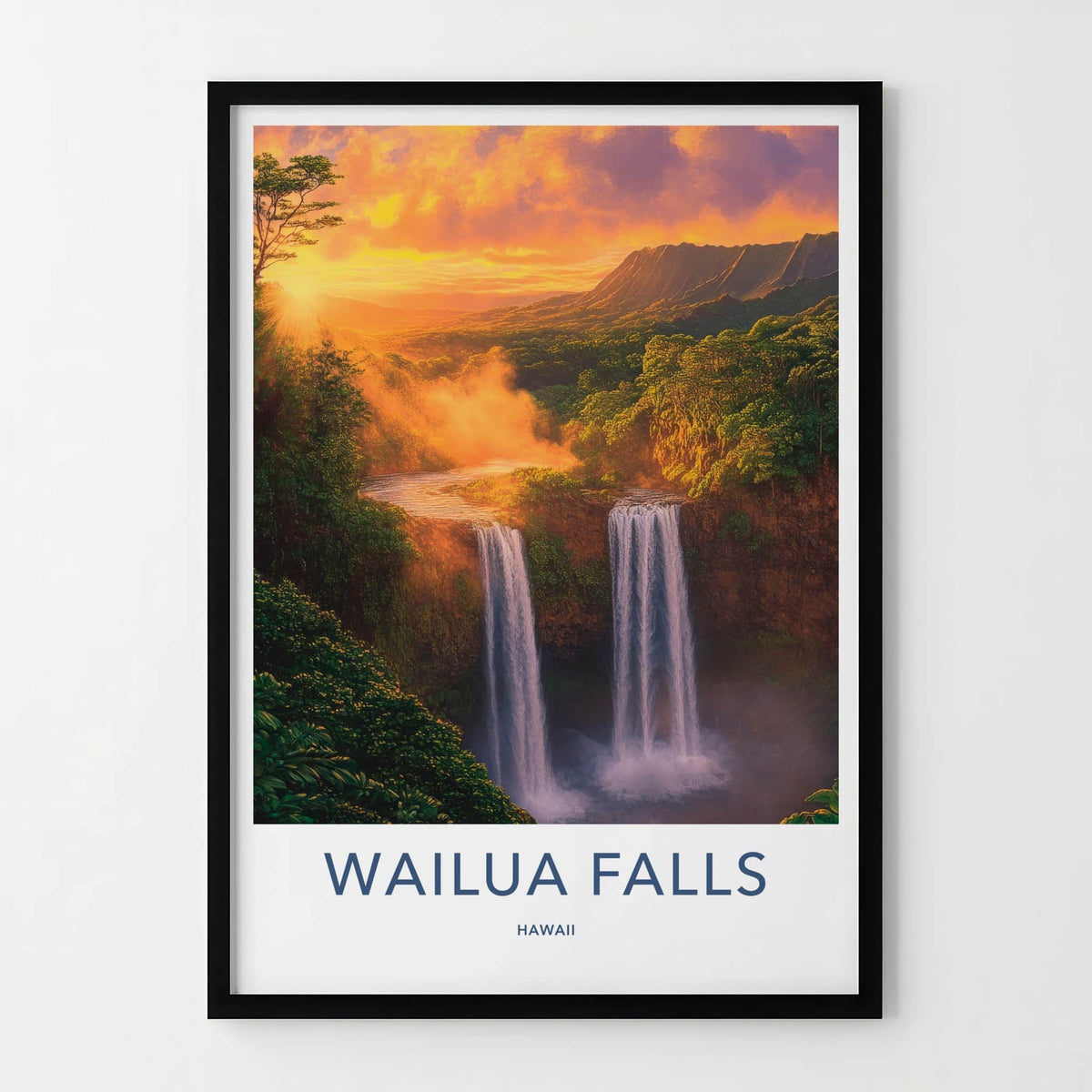 Wailua Falls Poster - Hawaii Travel Print - Lush Waterfall Sunset Lounge Decor
