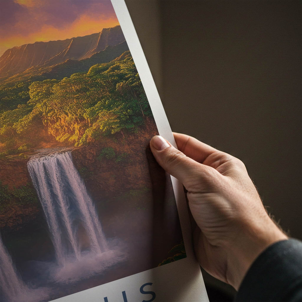 Wailua Falls Poster - Hawaii Travel Print - Lush Waterfall Sunset Lounge Decor