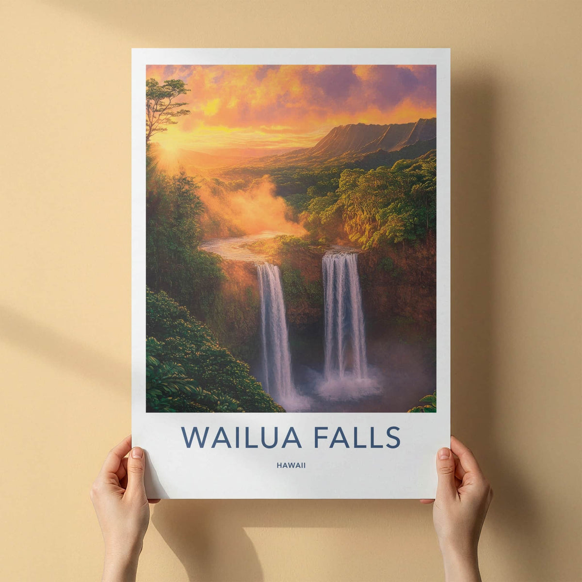 Wailua Falls Poster - Hawaii Travel Print - Lush Waterfall Sunset Lounge Decor