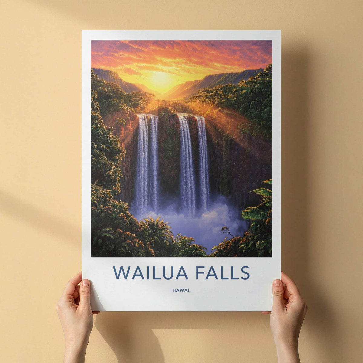 Wailua Falls Poster - Hawaii Wall Art - Sunset Tropical Falls Home Decor