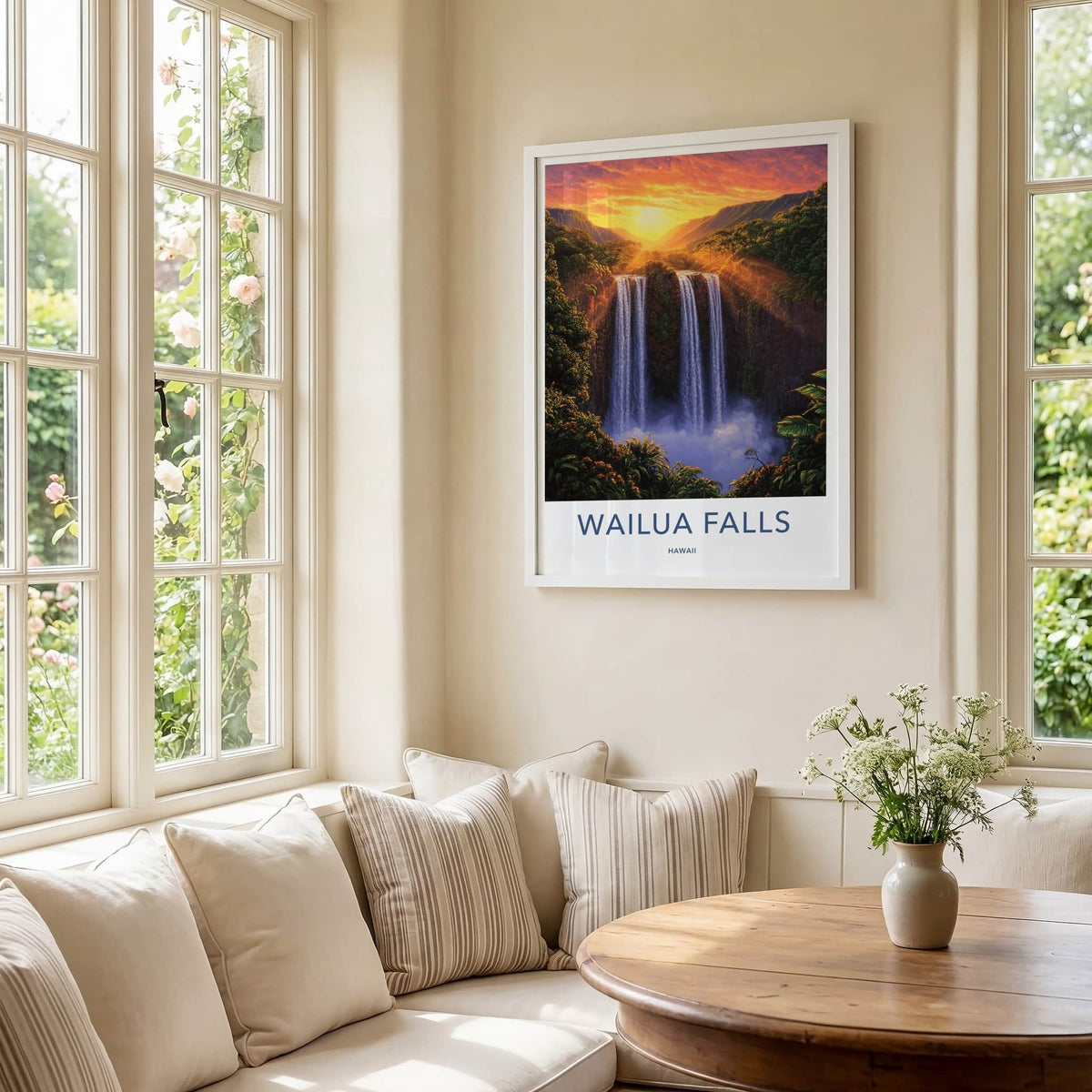 Wailua Falls Poster - Hawaii Wall Art - Sunset Tropical Falls Home Decor
