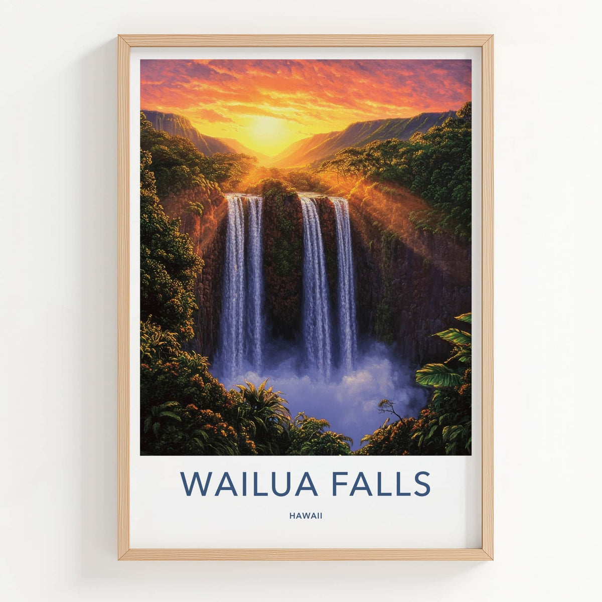 Wailua Falls Poster - Hawaii Wall Art - Sunset Tropical Falls Home Decor