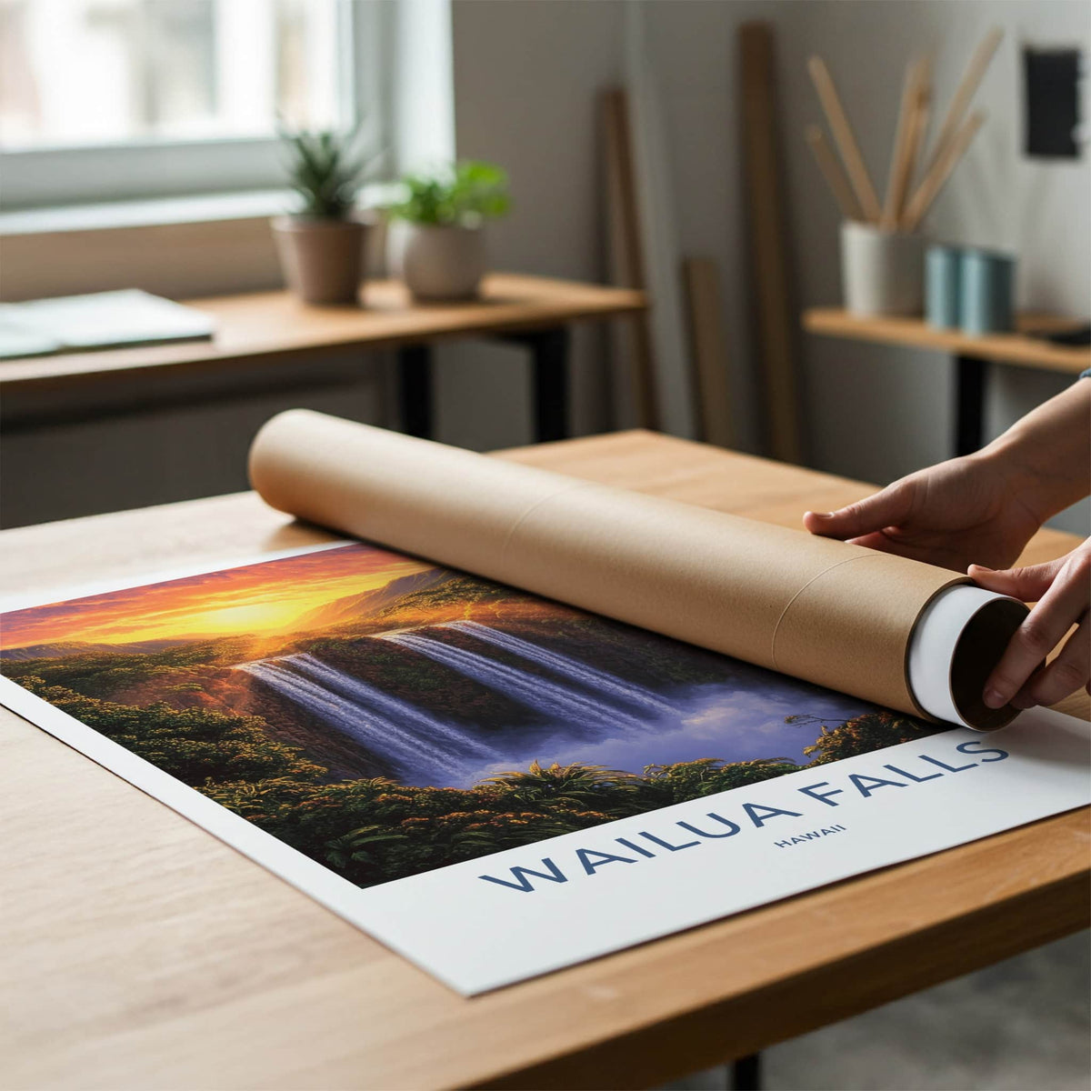Wailua Falls Poster - Hawaii Wall Art - Sunset Tropical Falls Home Decor