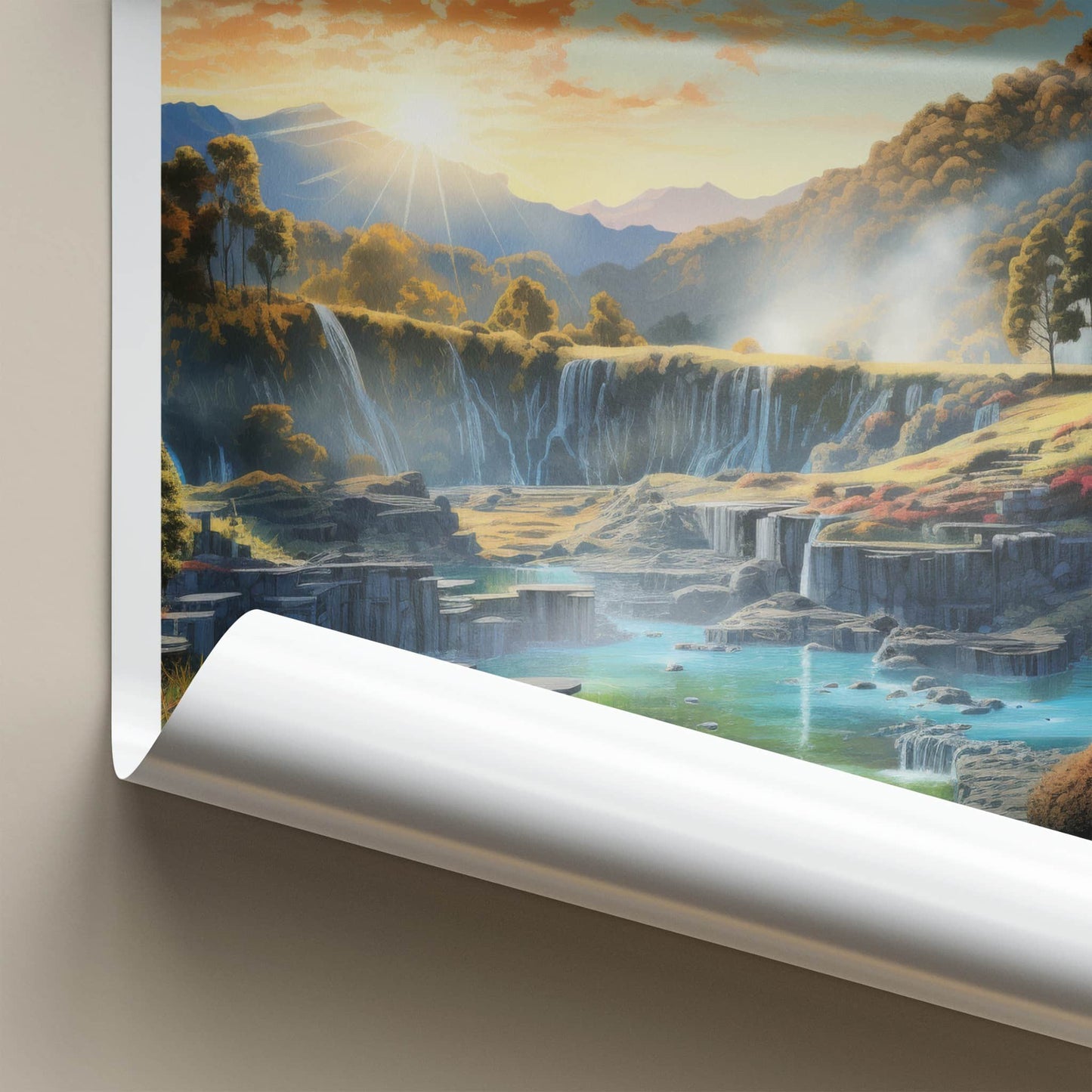 Waimangu Poster - New Zealand Travel Art - Sunset Terrace Waterfalls Home Decor