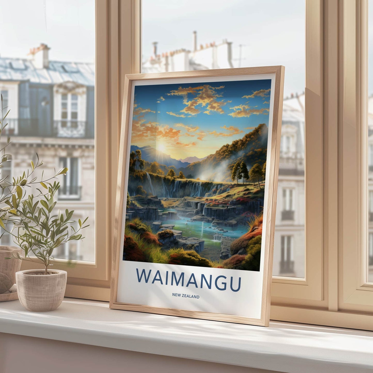Waimangu Poster - New Zealand Travel Art - Sunset Terrace Waterfalls Home Decor