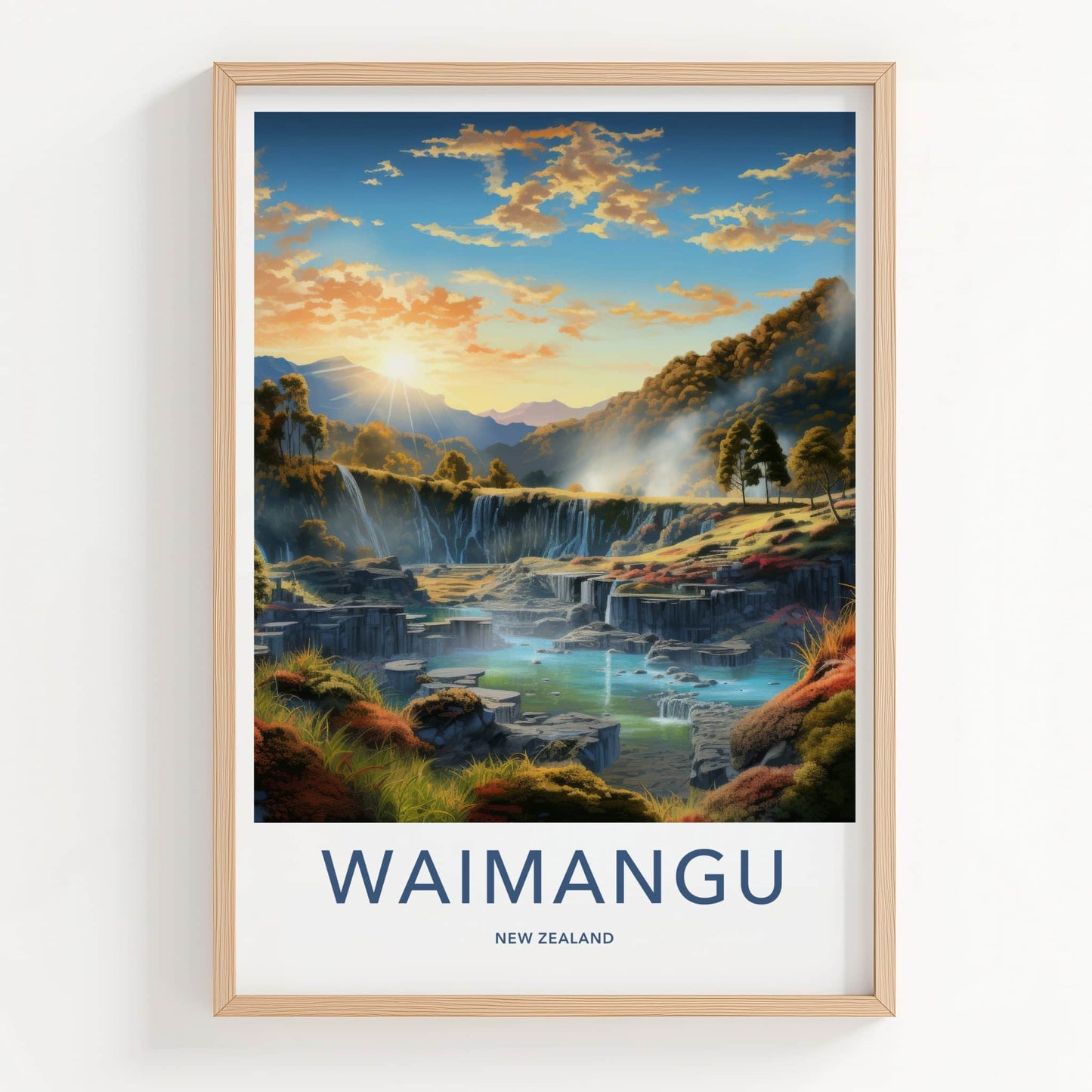 Waimangu Poster - New Zealand Travel Art - Sunset Terrace Waterfalls Home Decor