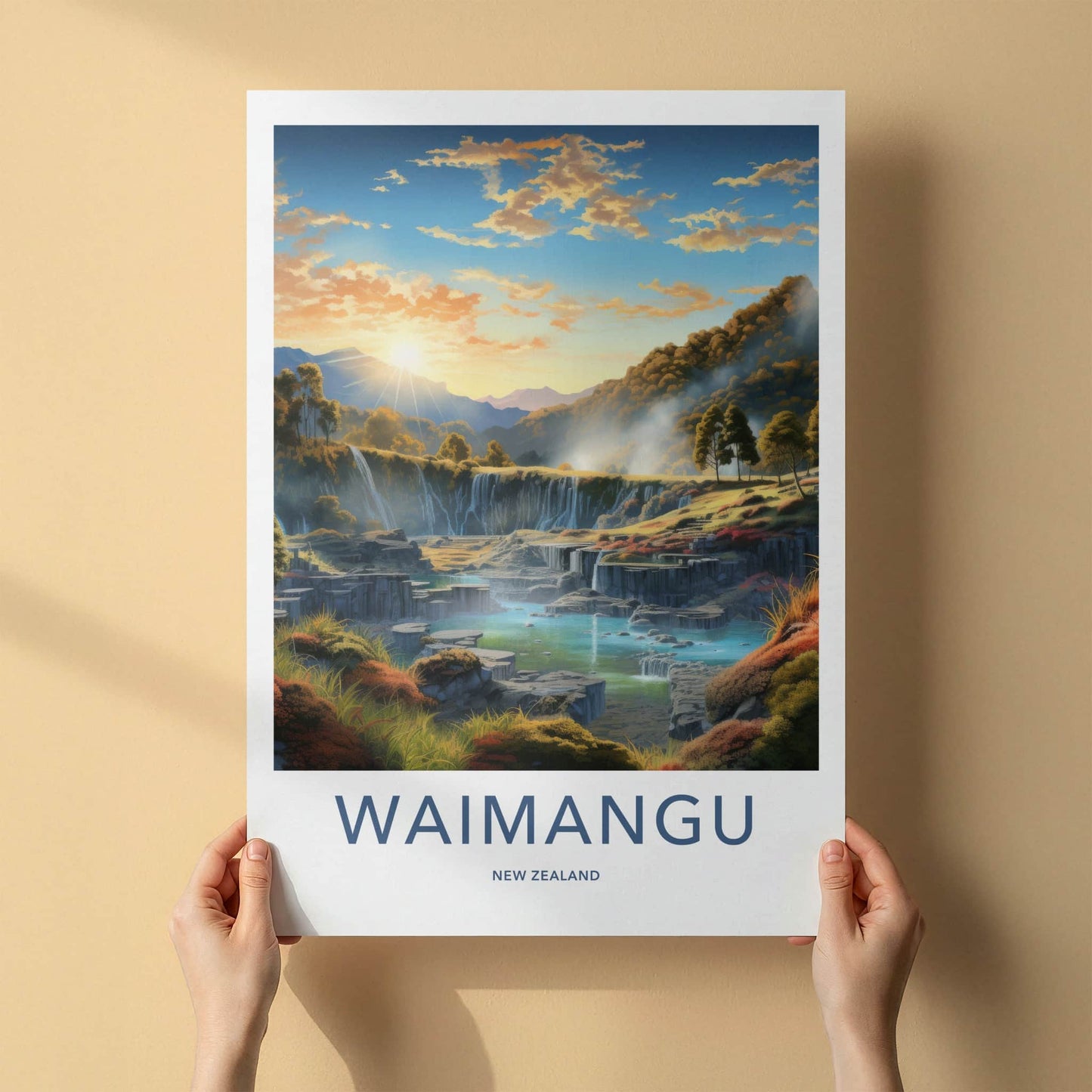 Waimangu Poster - New Zealand Travel Art - Sunset Terrace Waterfalls Home Decor