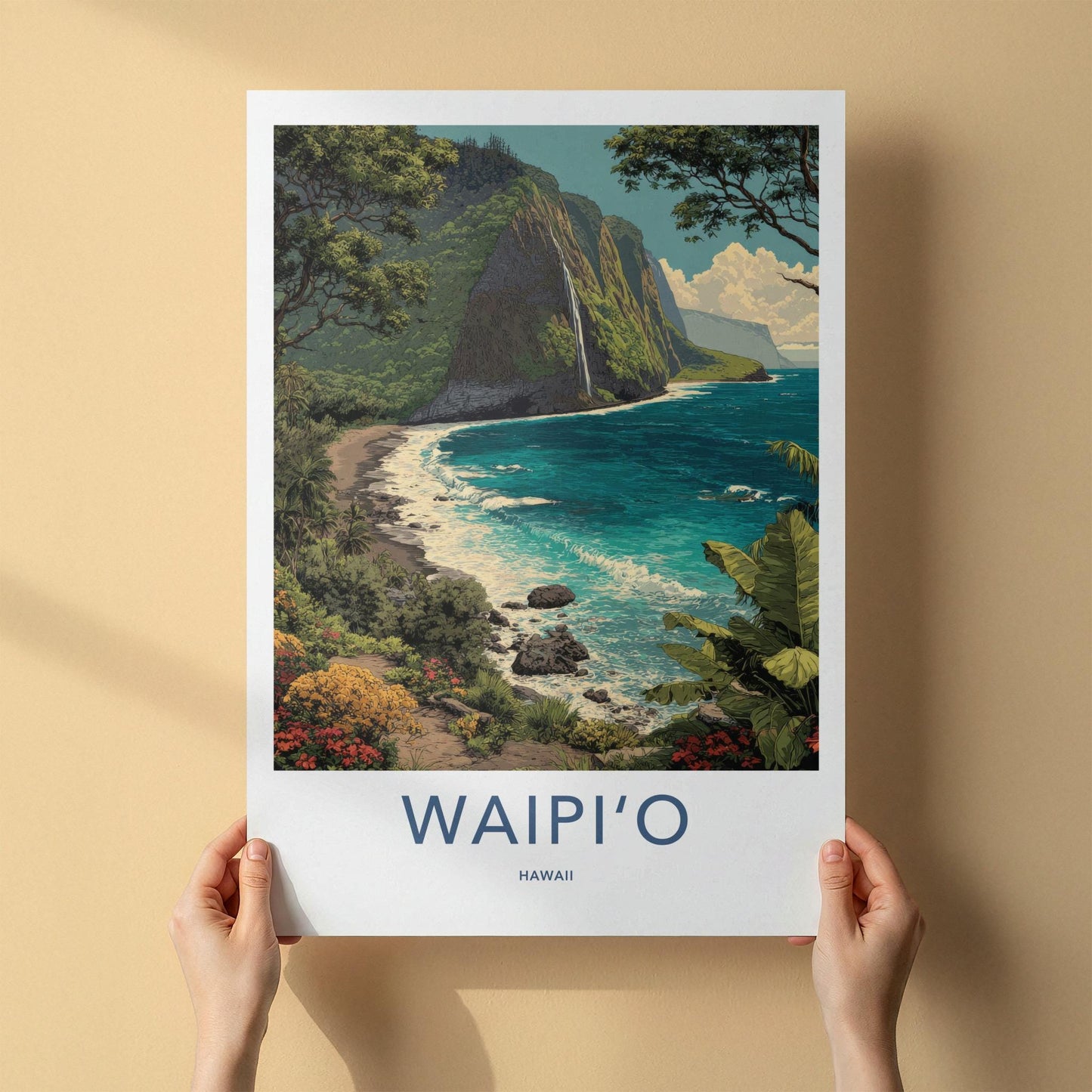 Waipio Poster - Hawaii Travel Art - Coastal Cliff Waterfall Home Decor