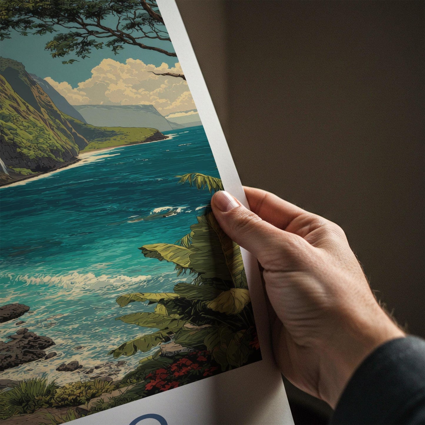 Waipio Poster - Hawaii Travel Art - Coastal Cliff Waterfall Home Decor