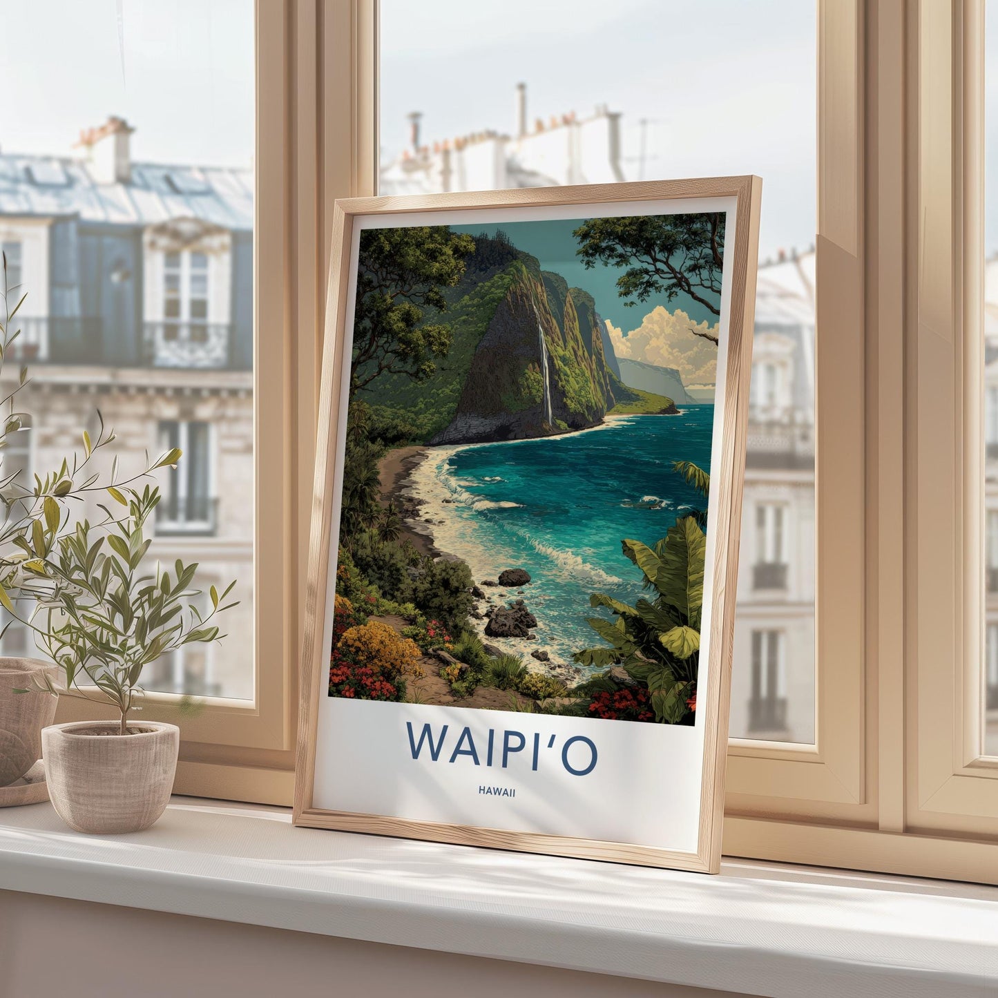 Waipio Poster - Hawaii Travel Art - Coastal Cliff Waterfall Home Decor
