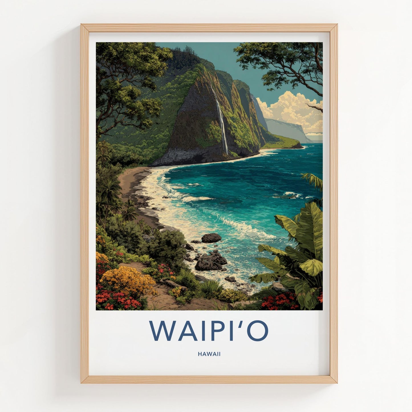 Waipio Poster - Hawaii Travel Art - Coastal Cliff Waterfall Home Decor