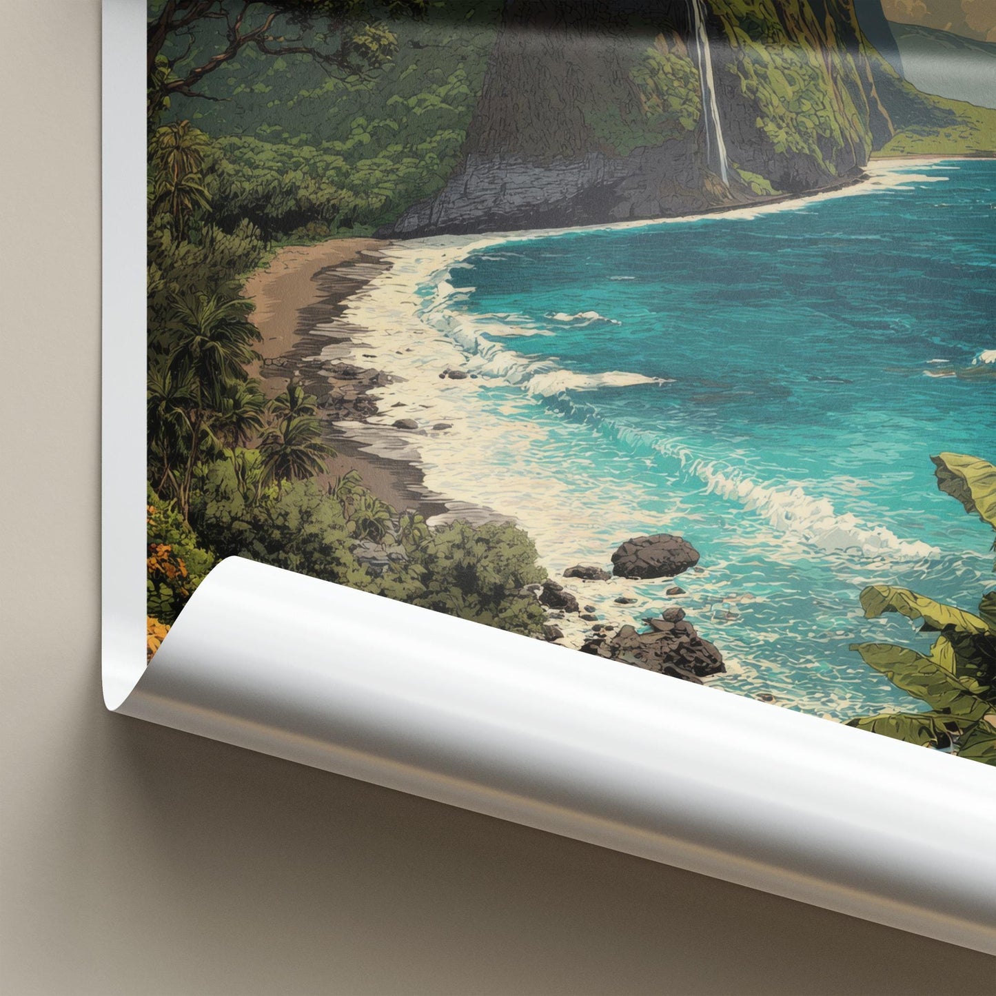 Waipio Poster - Hawaii Travel Art - Coastal Cliff Waterfall Home Decor