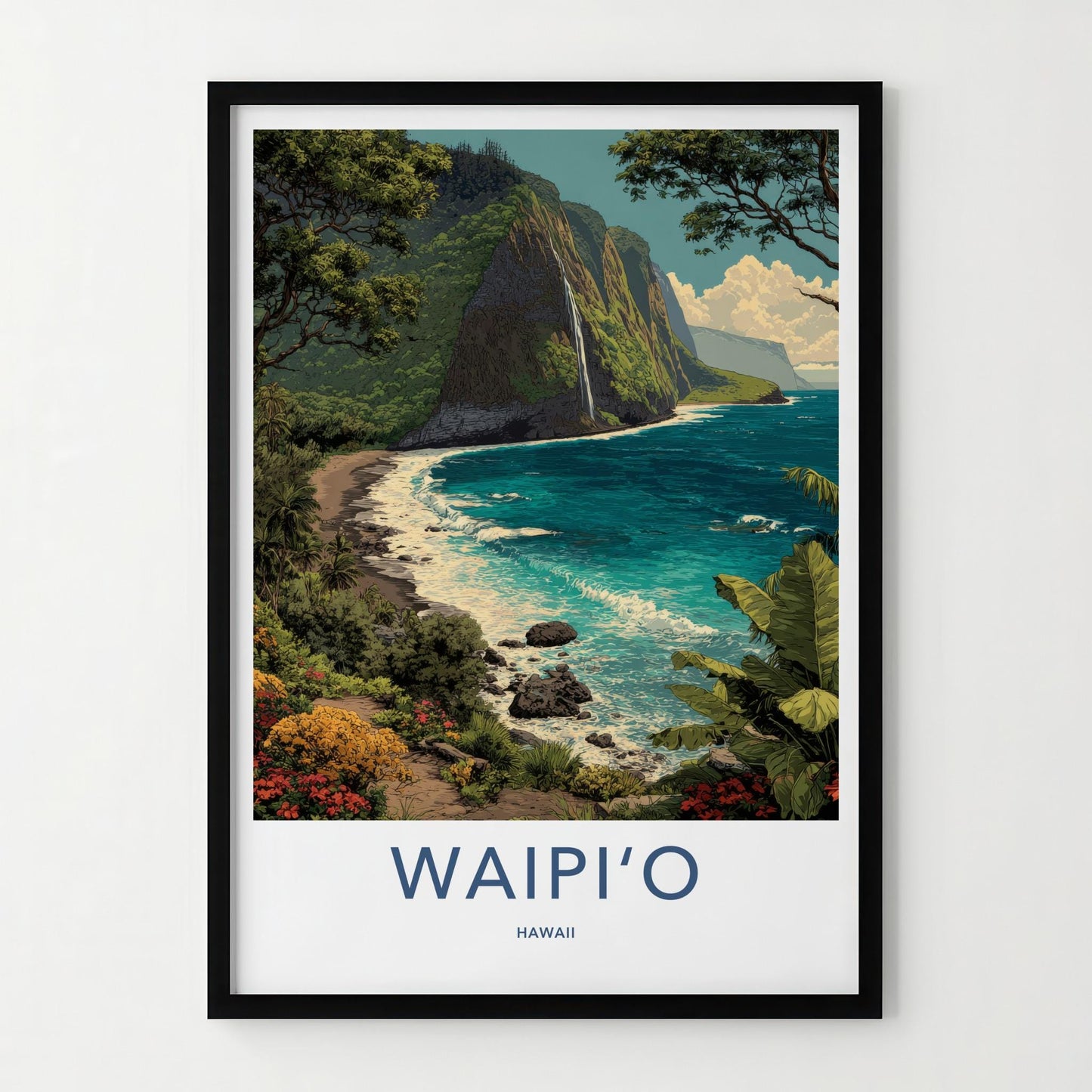Waipio Poster - Hawaii Travel Art - Coastal Cliff Waterfall Home Decor
