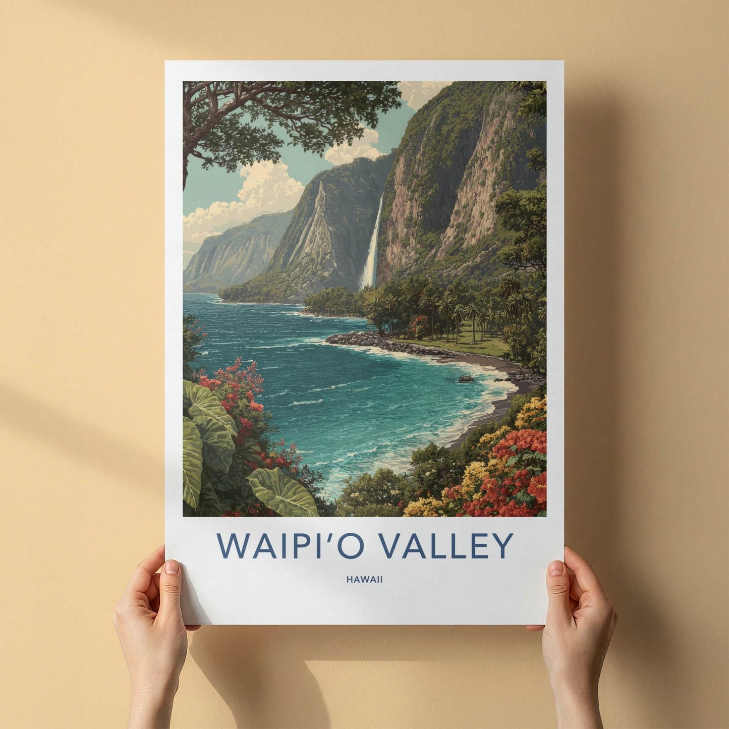 Waipio Valley Poster - Hawaii Travel Art - Lush Waterfall Cliff Gallery Art
