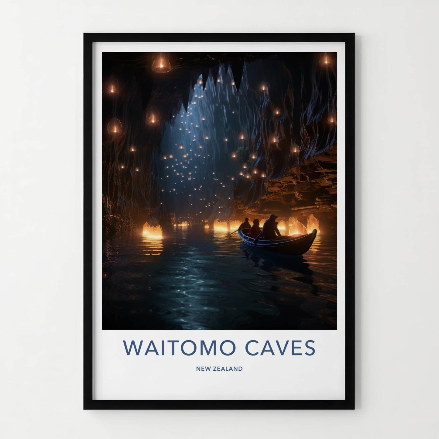 Waitomo Caves Poster - New Zealand Travel Art - Glowing Cave River Home Decor