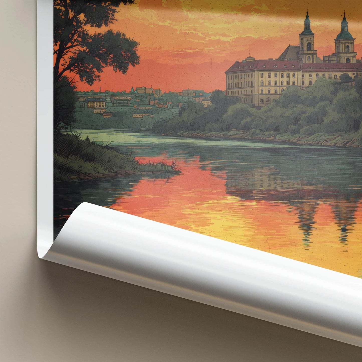 Warszawa Poster - Poland Travel Art - River Sunset Reflections Wall Decor