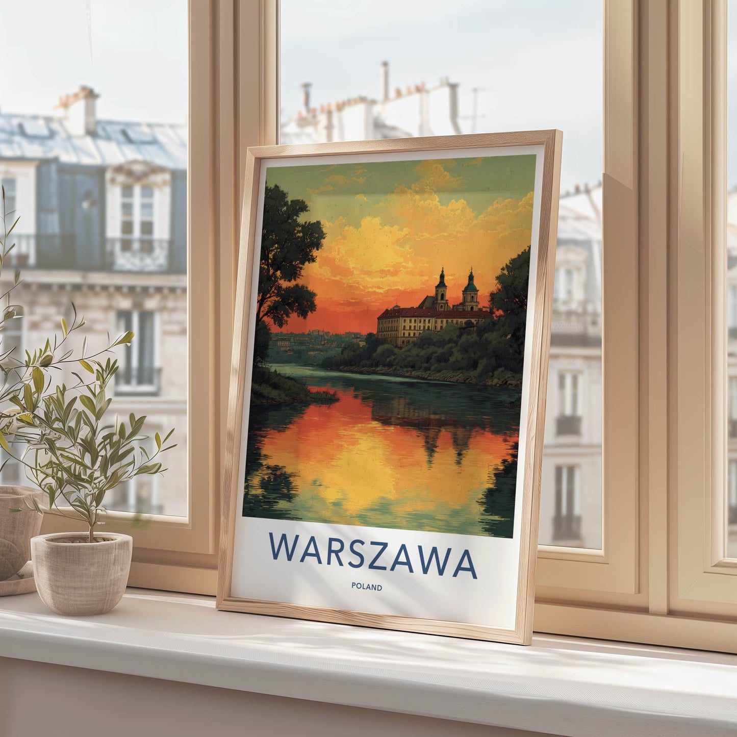 Warszawa Poster - Poland Travel Art - River Sunset Reflections Wall Decor
