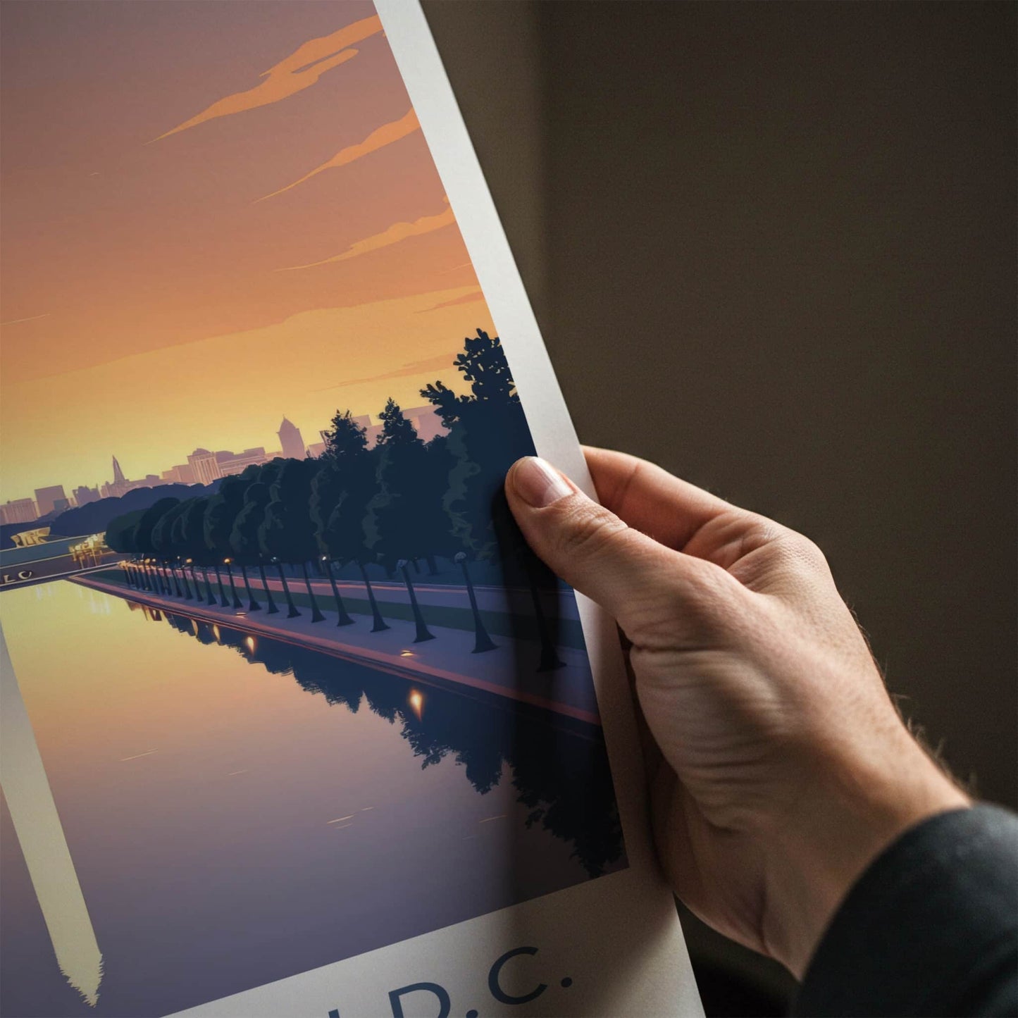 Washington D.C. Poster - District of Columbia Travel Art - Monument Sunset Reflection Home Decor