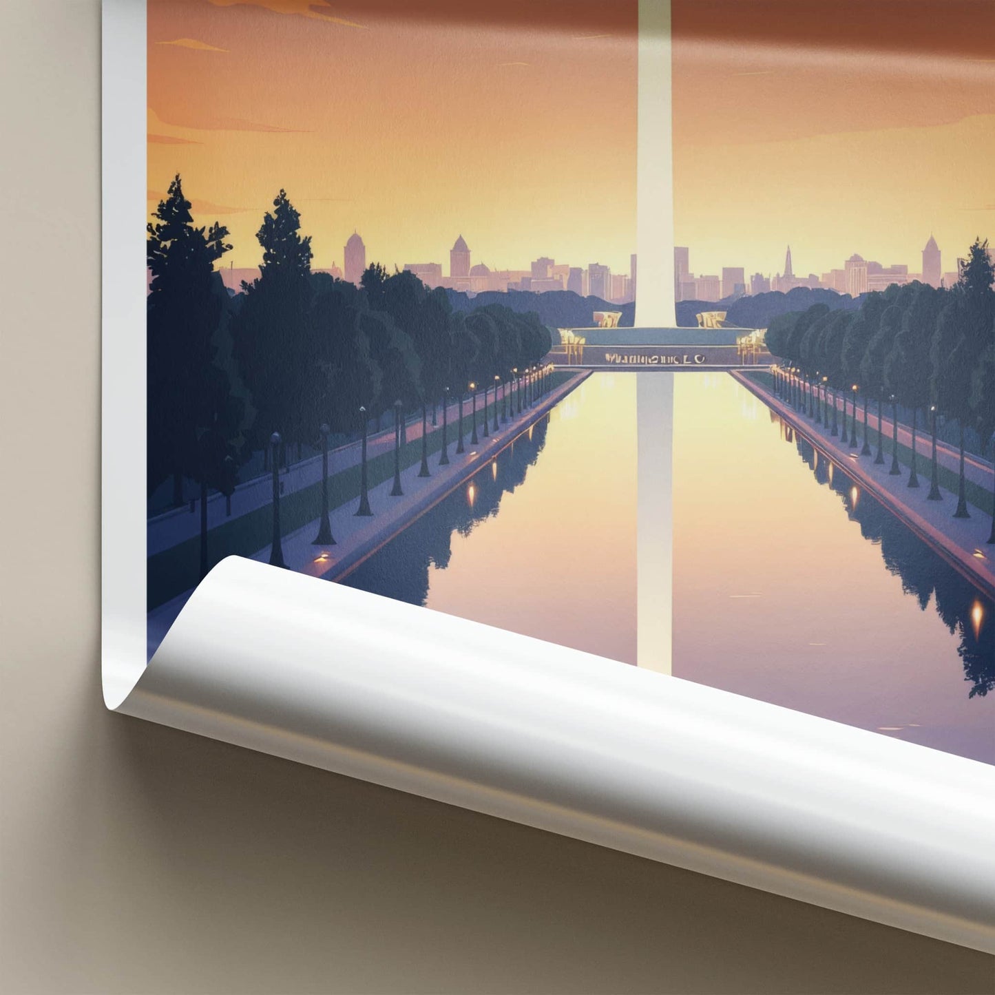 Washington D.C. Poster - District of Columbia Travel Art - Monument Sunset Reflection Home Decor