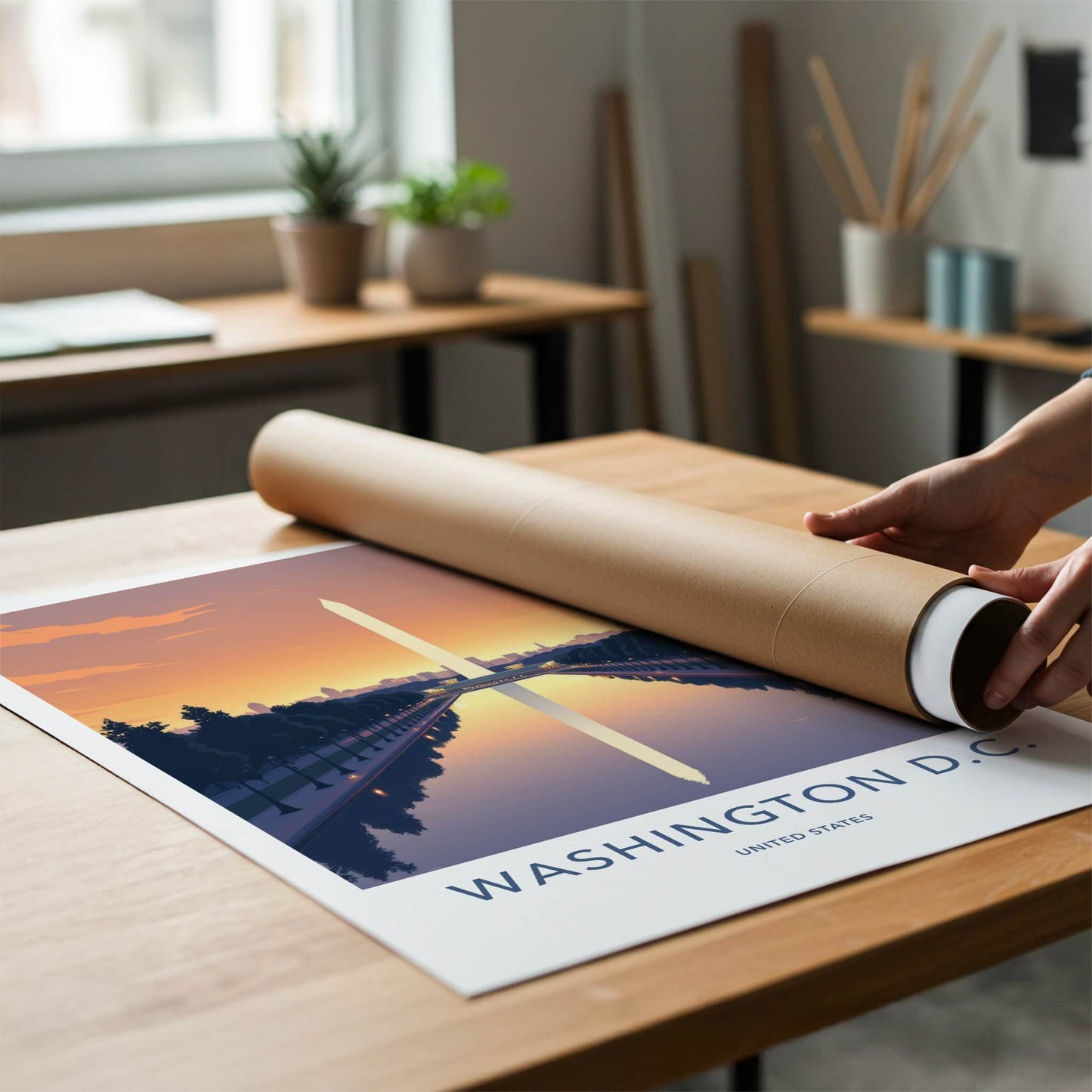 Washington D.C. Poster - District of Columbia Travel Art - Monument Sunset Reflection Home Decor