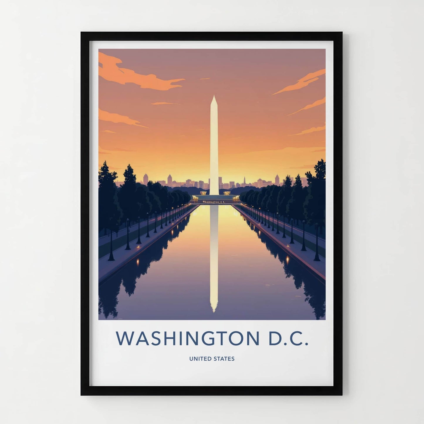 Washington D.C. Poster - District of Columbia Travel Art - Monument Sunset Reflection Home Decor