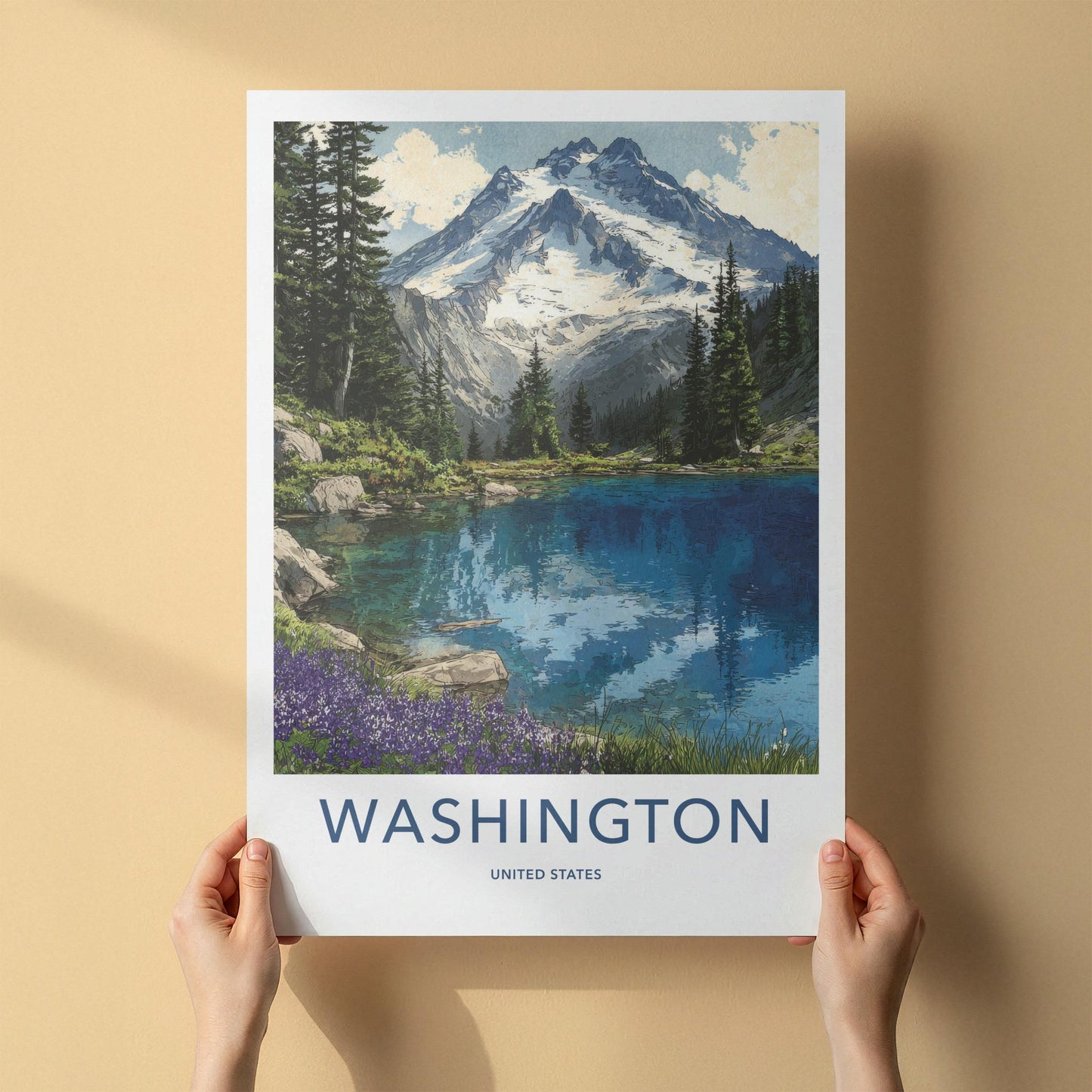 Washington Poster - Washington Travel Art - Alpine Lake Wildflowers Home Decor