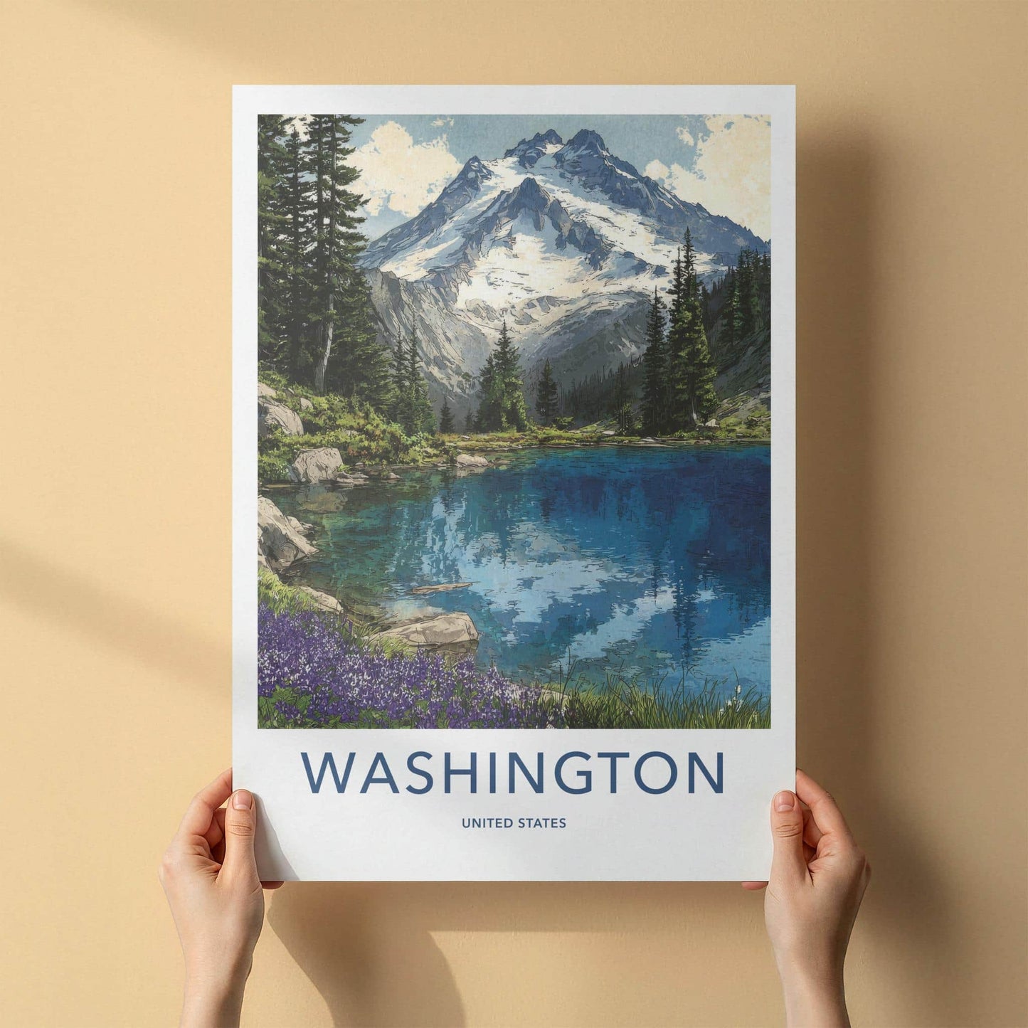 Washington Poster - Washington Travel Art - Alpine Lake Wildflowers Home Decor