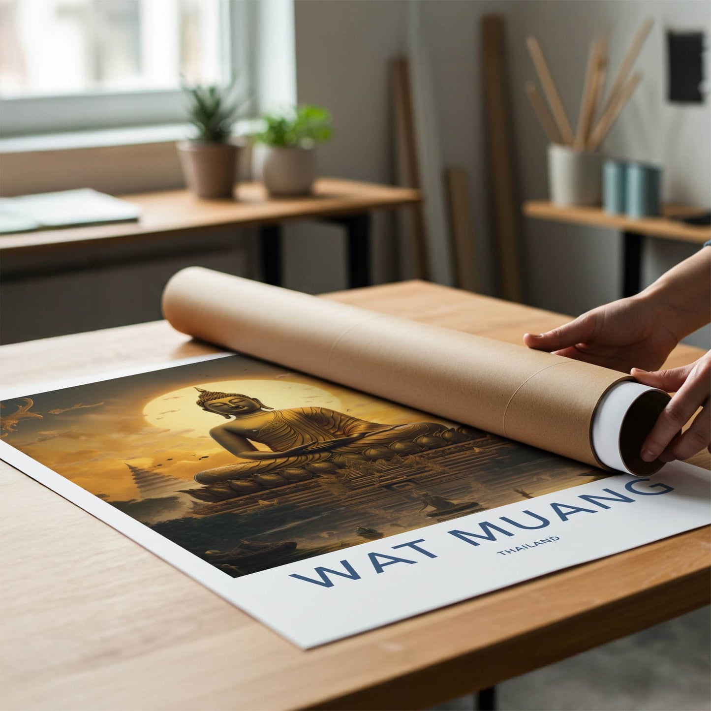 Wat Muang Poster - Thailand Travel Art - Golden Buddha Temple Home Decor