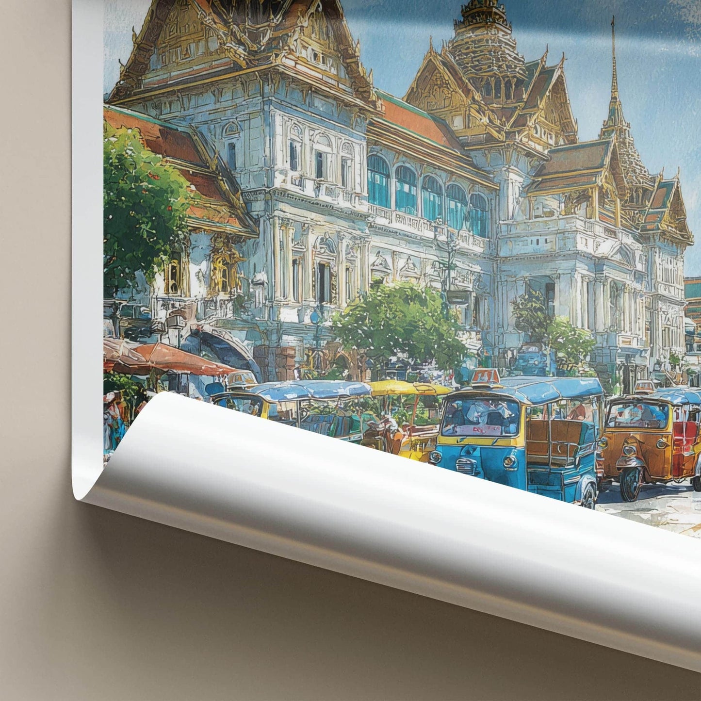 Wat Phra Kaew Poster - Thailand Travel Art - Golden Spire Tuk-Tuks Home Decor