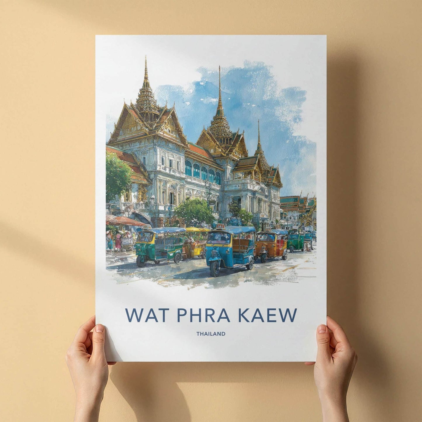 Wat Phra Kaew Poster - Thailand Travel Art - Golden Spire Tuk-Tuks Home Decor