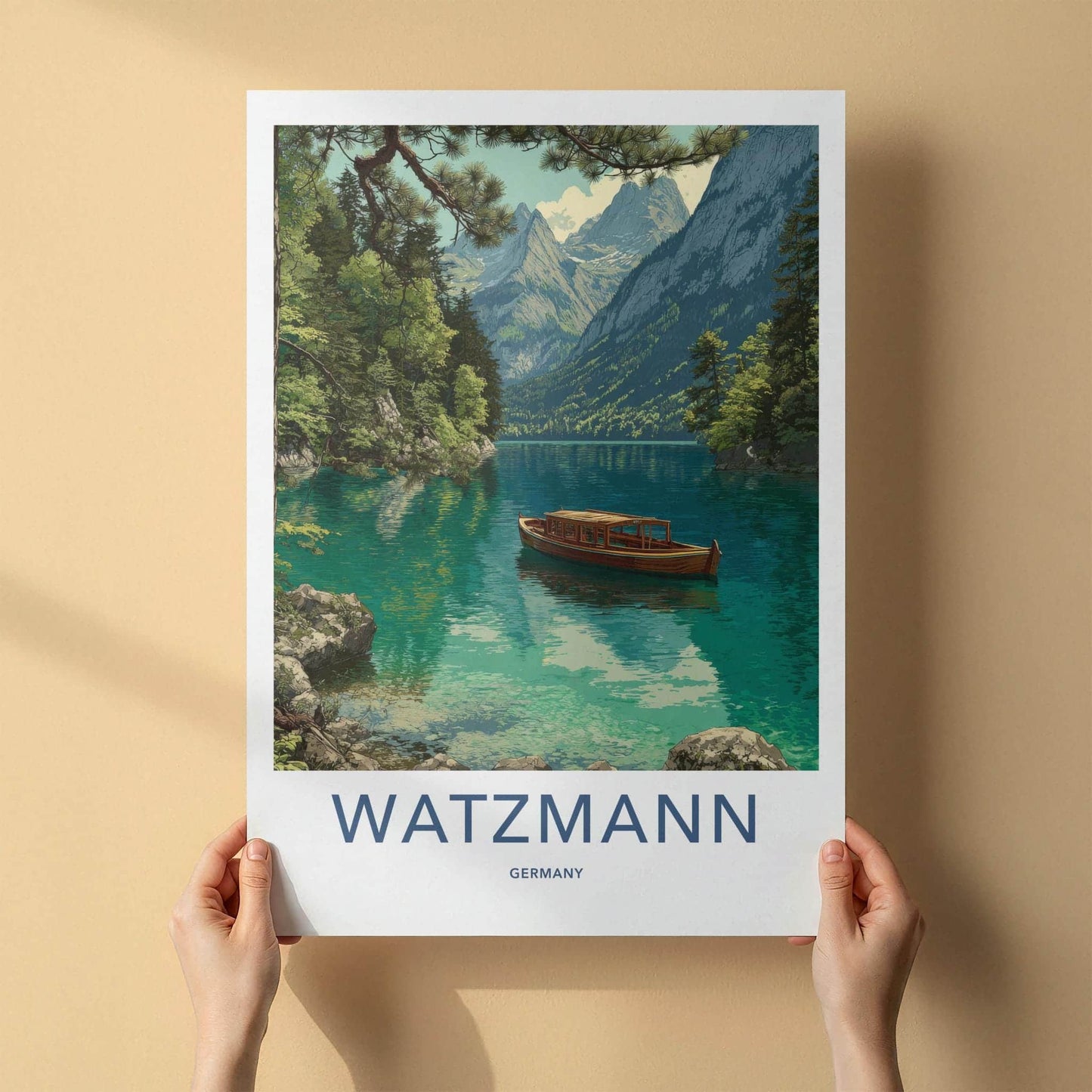 Watzmann Poster - Germany Travel Art - Alpine Lake Boat Home Decor