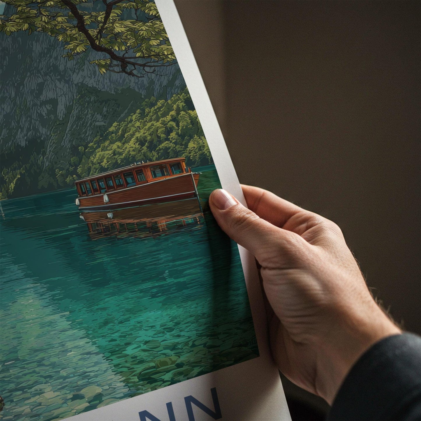 Watzmann Poster - Germany Travel Art - Emerald Lake Boat Wall Decor