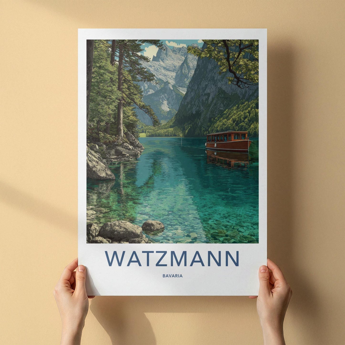 Watzmann Poster - Germany Travel Art - Emerald Lake Boat Wall Decor
