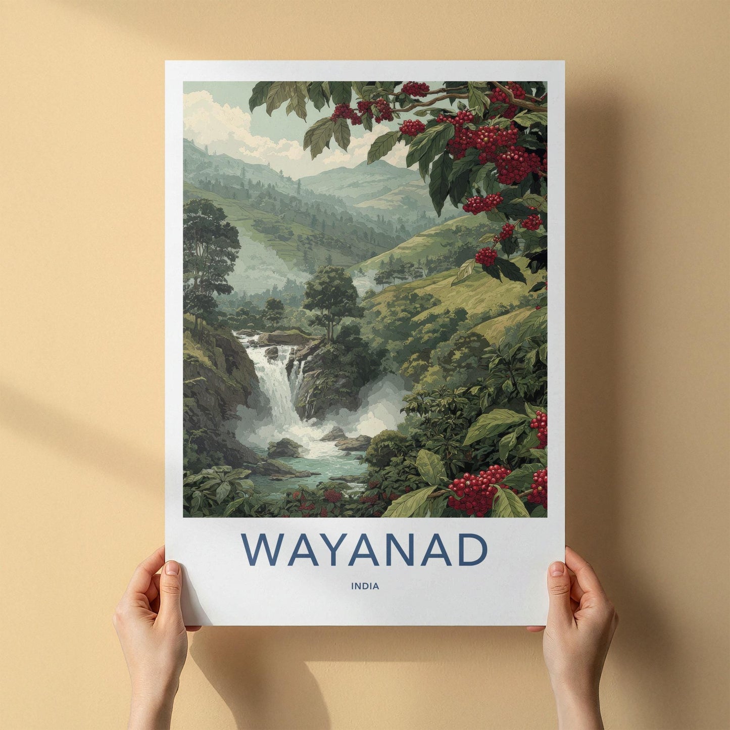 Wayanad Poster - India Art Print - Kerala Coffee Berry Waterfall Home Decor