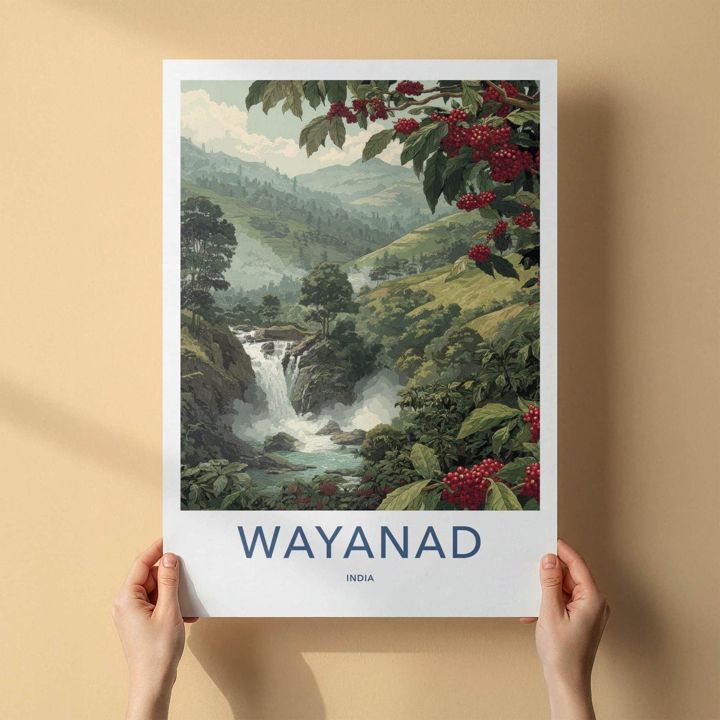 Wayanad Poster - India Art Print - Kerala Coffee Berry Waterfall Home Decor