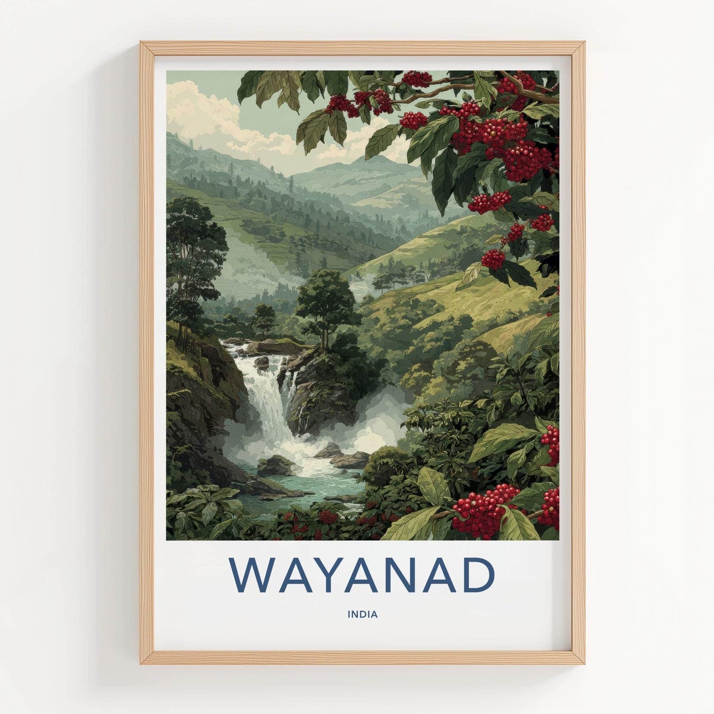 Wayanad Poster - India Art Print - Kerala Coffee Berry Waterfall Home Decor