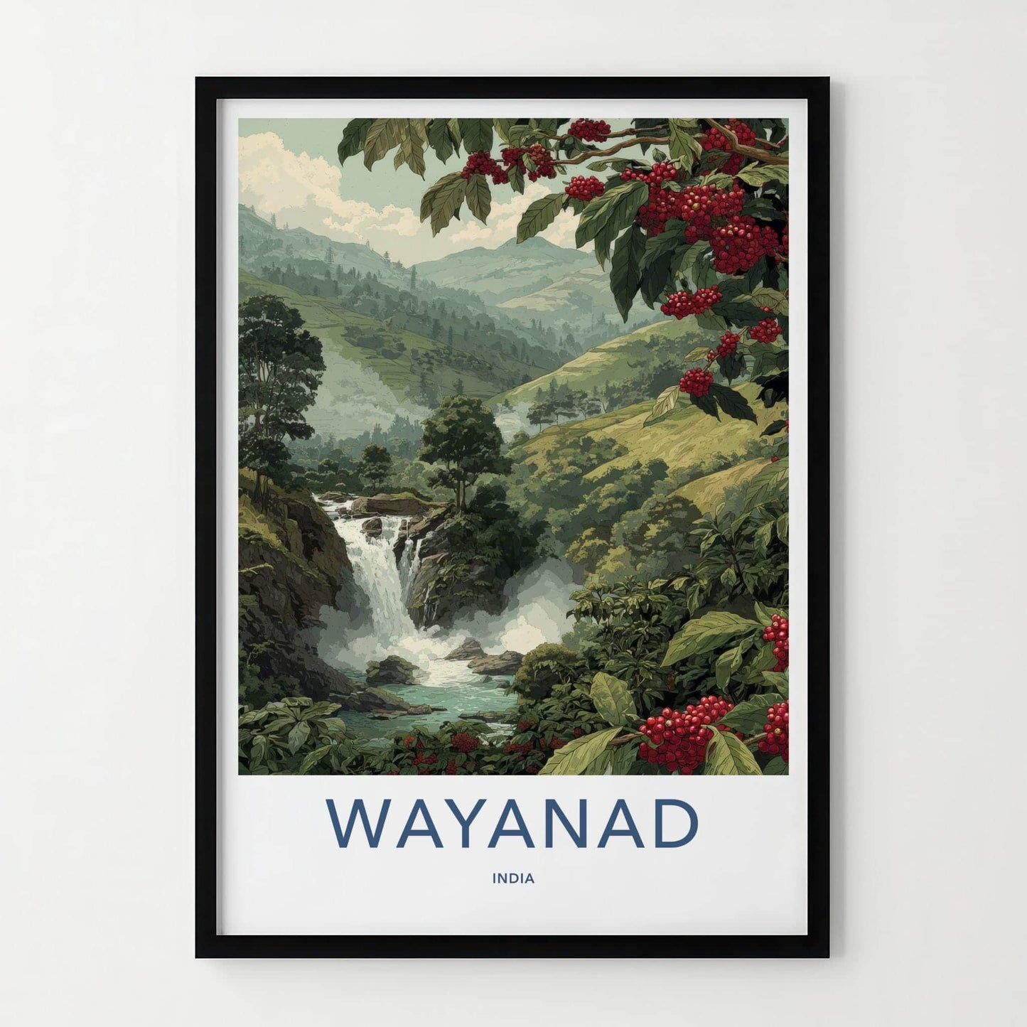 Wayanad Poster - India Art Print - Kerala Coffee Berry Waterfall Home Decor