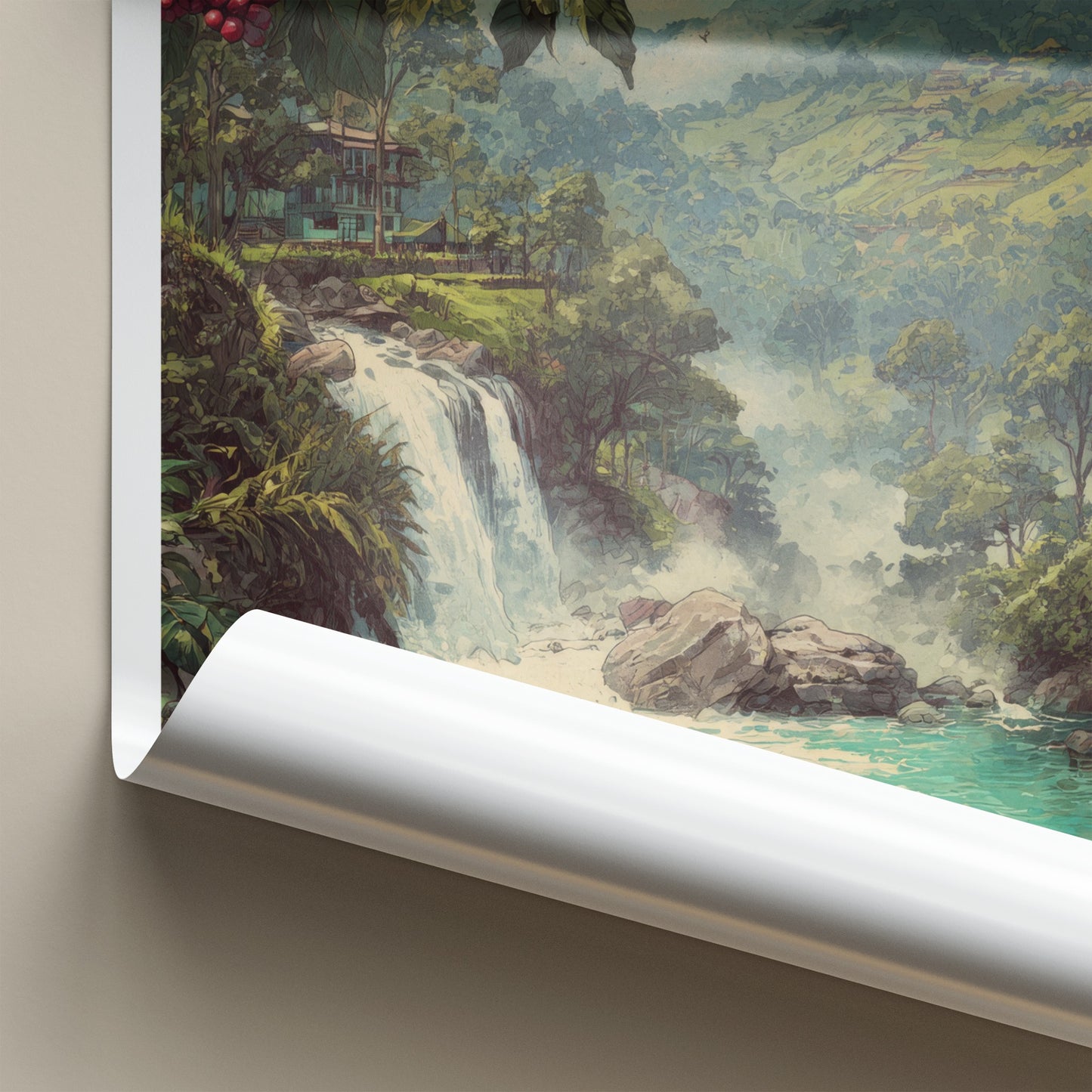 Wayanad Poster - India Travel Art - Coffee Plant Waterfall Home Decor