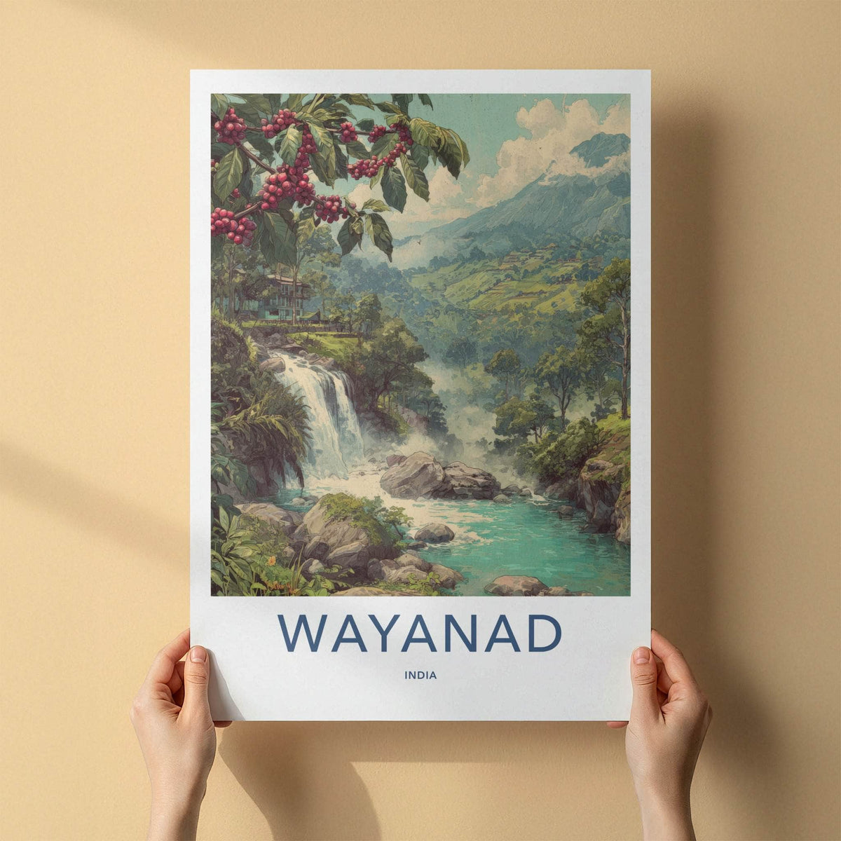 Wayanad Poster - India Travel Art - Coffee Plant Waterfall Home Decor