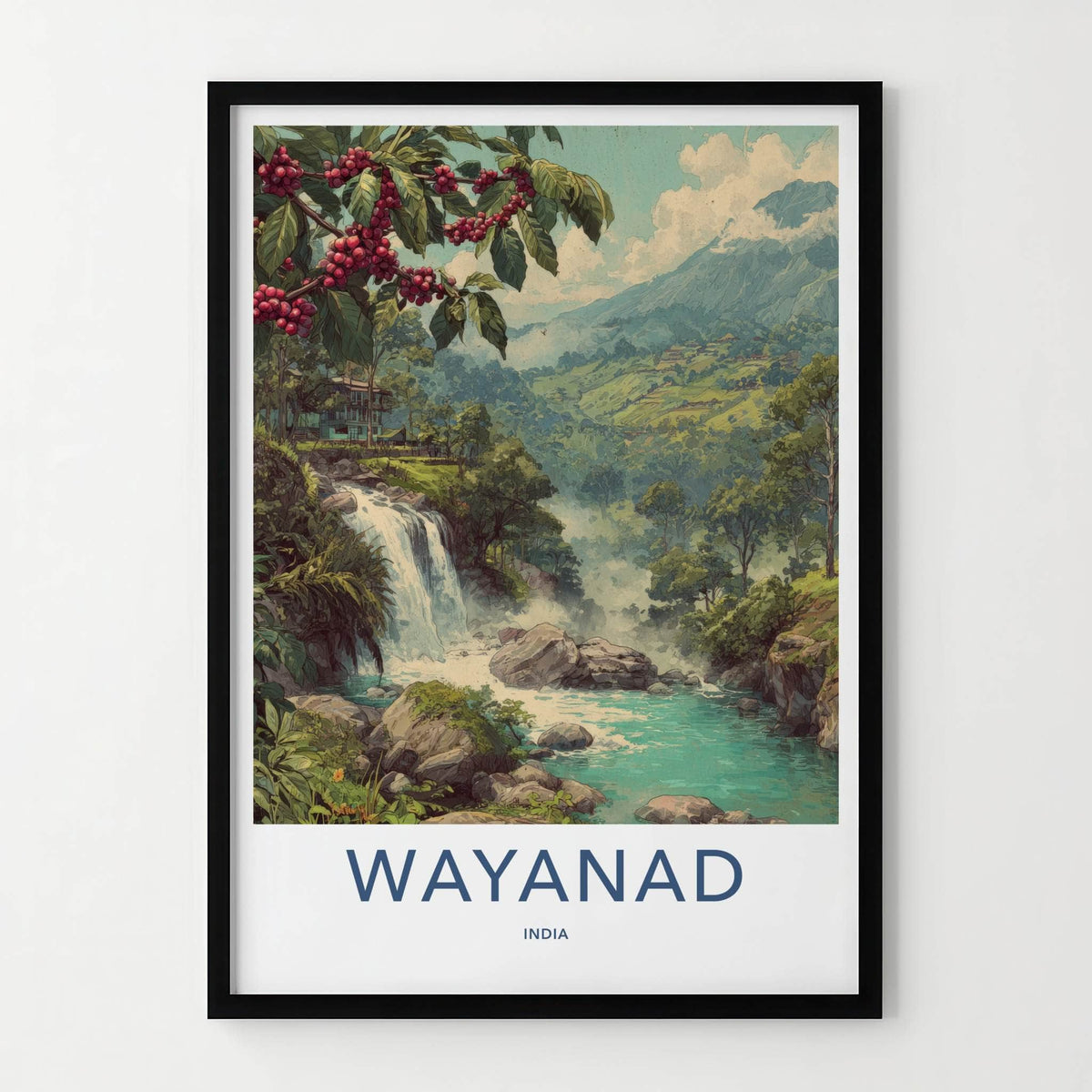 Wayanad Poster - India Travel Art - Coffee Plant Waterfall Home Decor