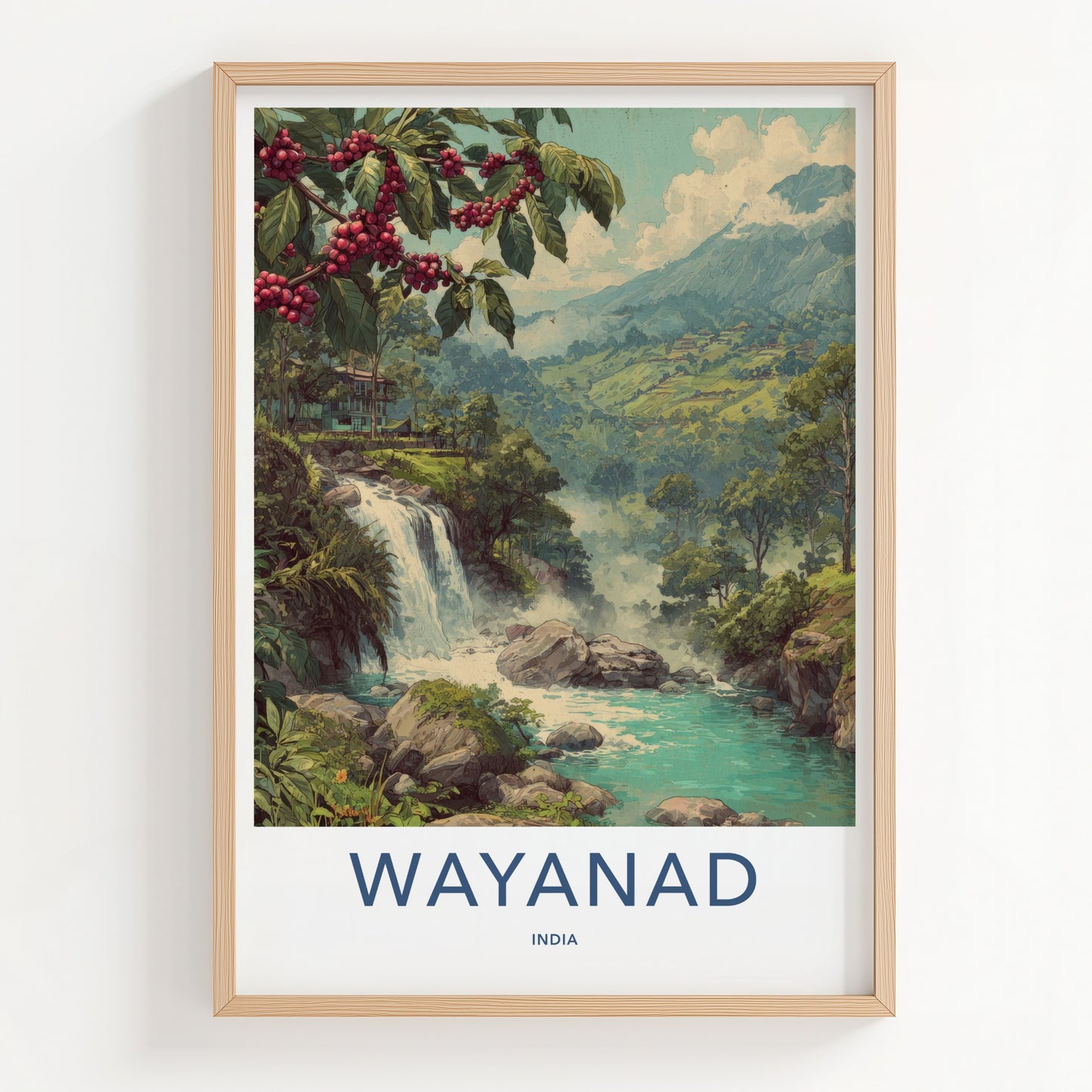 Wayanad Poster - India Travel Art - Coffee Plant Waterfall Home Decor