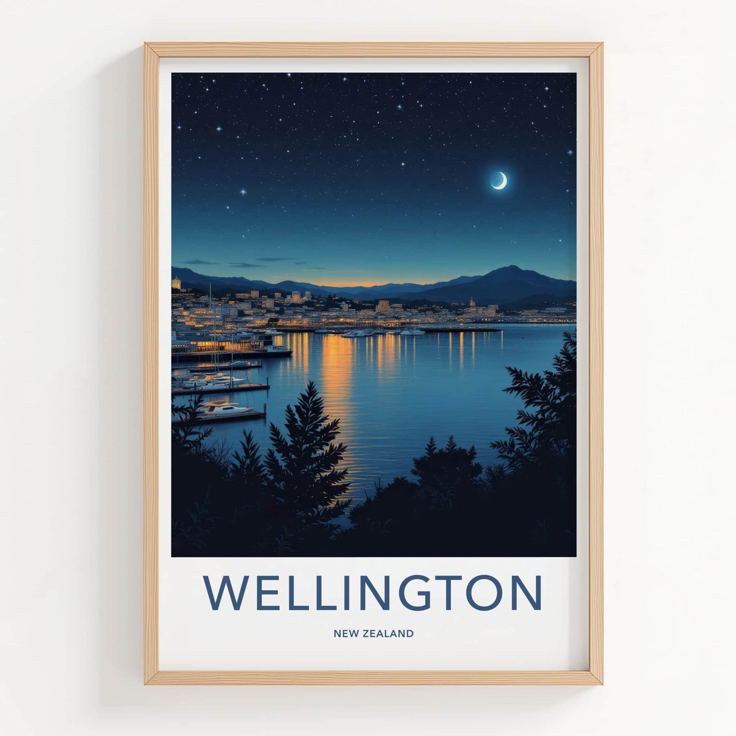 Wellington Poster - New Zealand Travel Art - Night Harbor City Home Decor