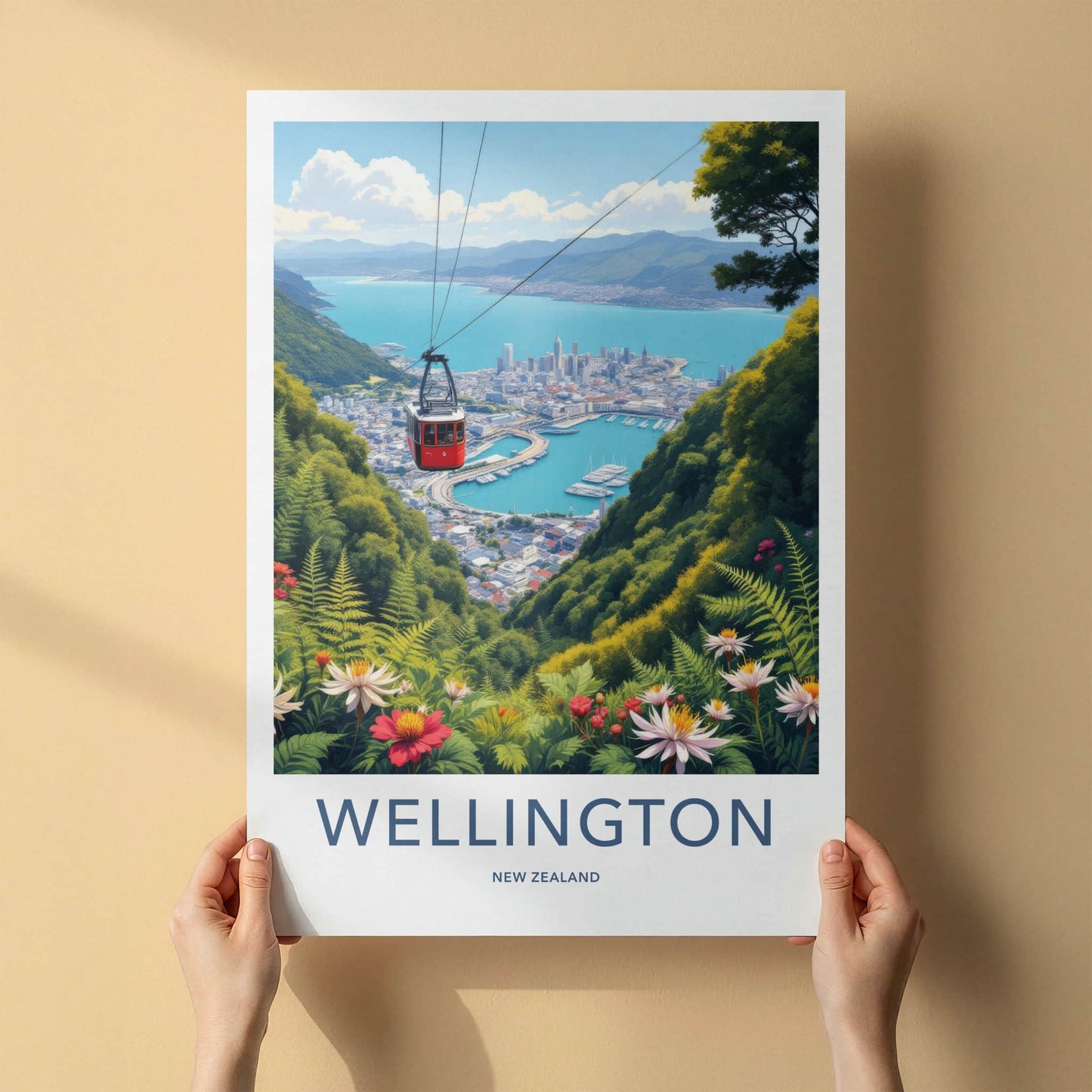 Wellington Poster - New Zealand Travel Art - Red Cable Car Cityscape Home Decor