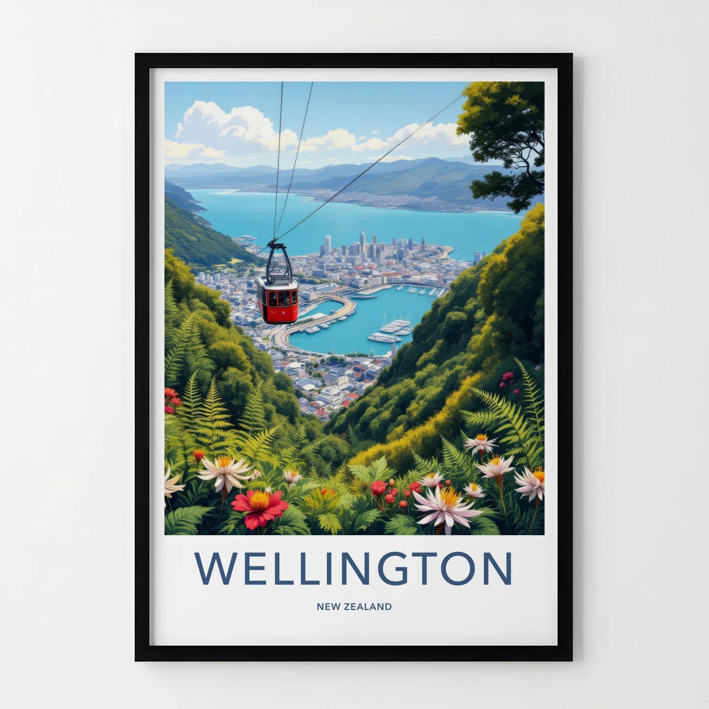 Wellington Poster - New Zealand Travel Art - Red Cable Car Cityscape Home Decor
