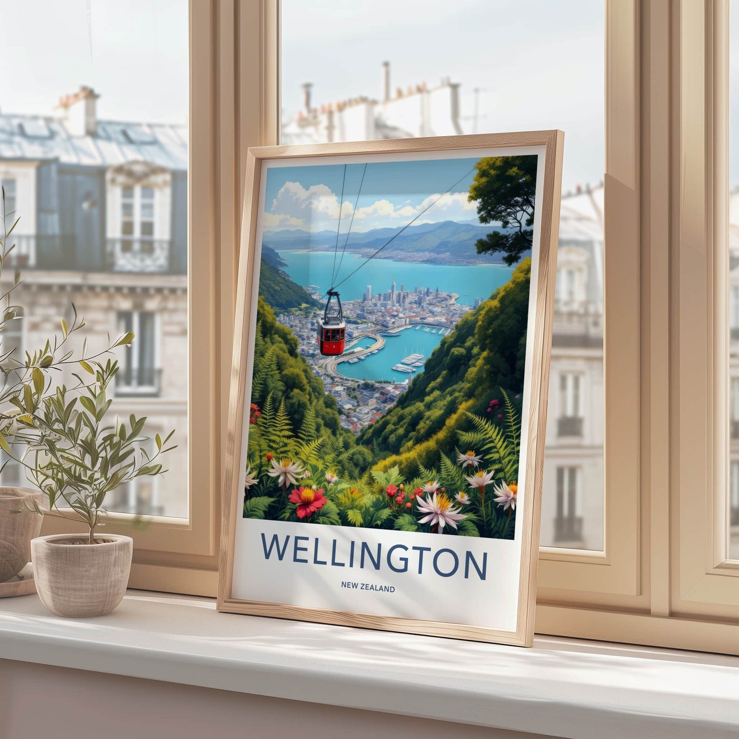 Wellington Poster - New Zealand Travel Art - Red Cable Car Cityscape Home Decor