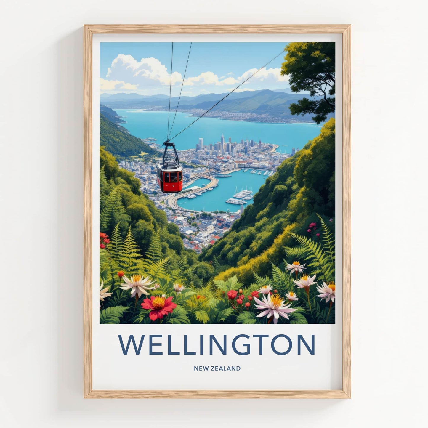 Wellington Poster - New Zealand Travel Art - Red Cable Car Cityscape Home Decor