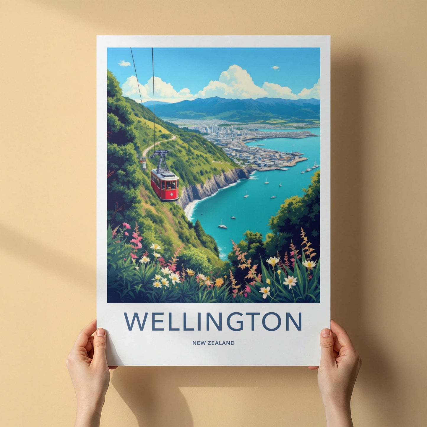 Wellington Poster - New Zealand Travel Art - Red Cable Car Home Decor