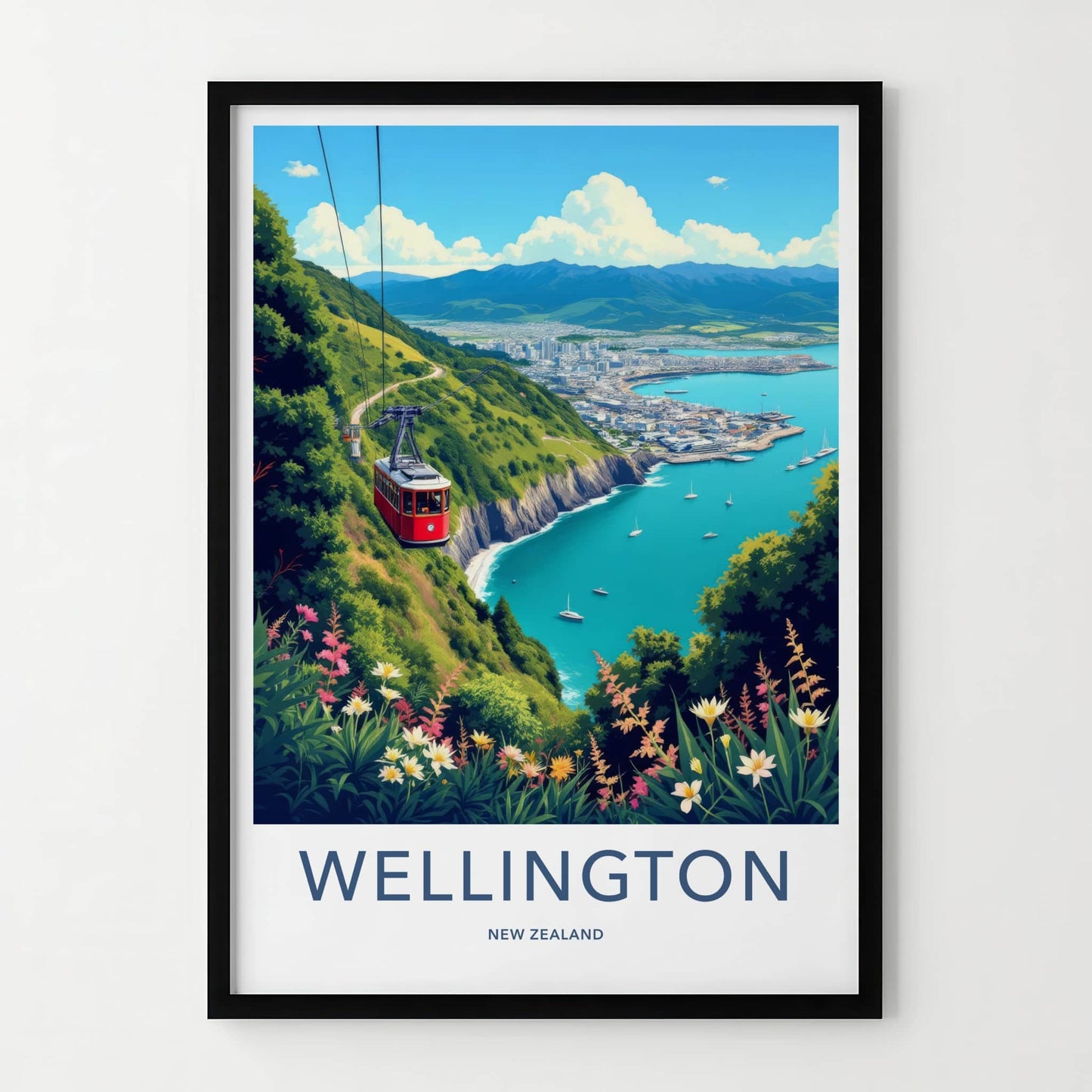 Wellington Poster - New Zealand Travel Art - Red Cable Car Home Decor