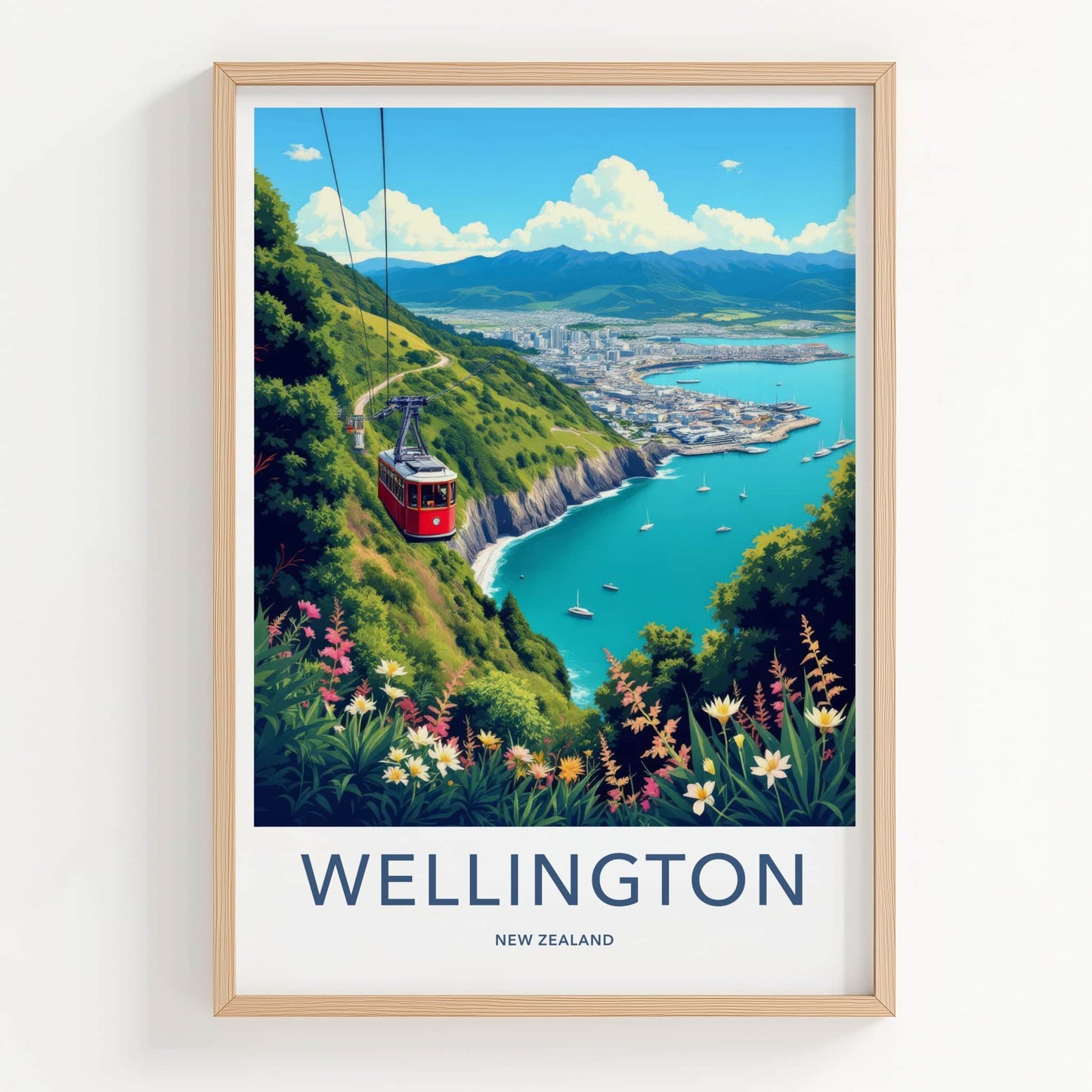 Wellington Poster - New Zealand Travel Art - Red Cable Car Home Decor