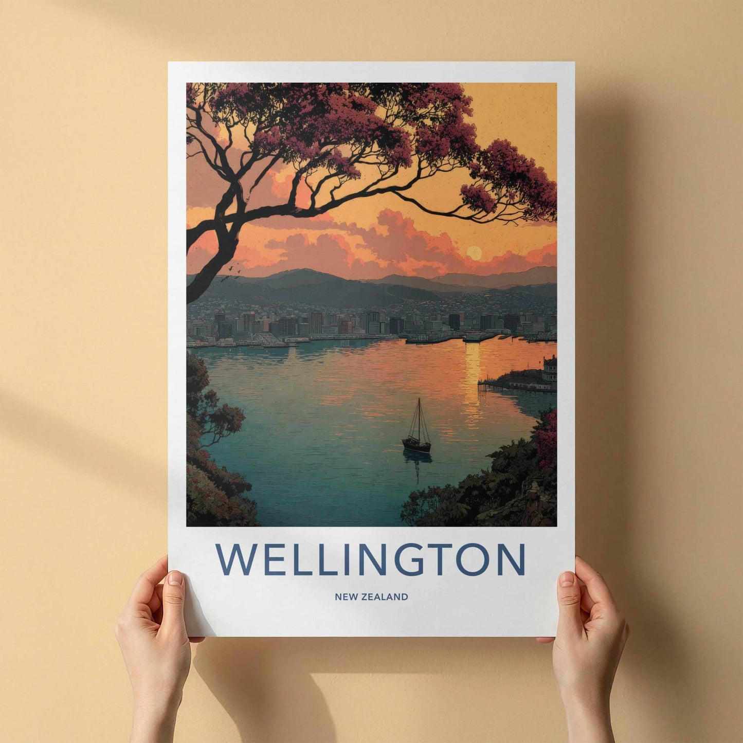 Wellington Poster - New Zealand Travel Art - Sunset Harbor City Home Decor